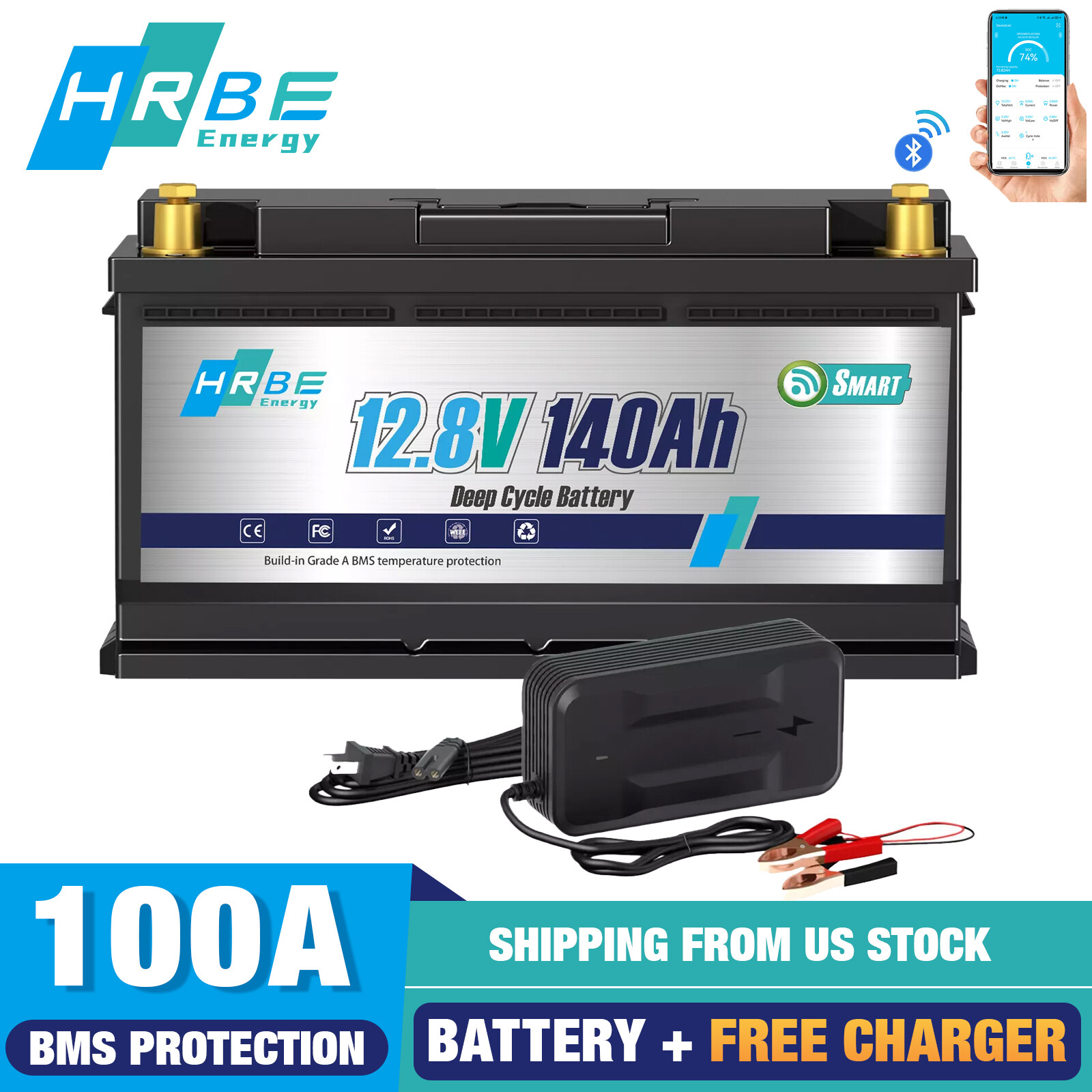 HRBEENERGY 12V 140Ah LiFePO4 Lithium Battery 100A BMS 1790Wh For RV Trailer Boat