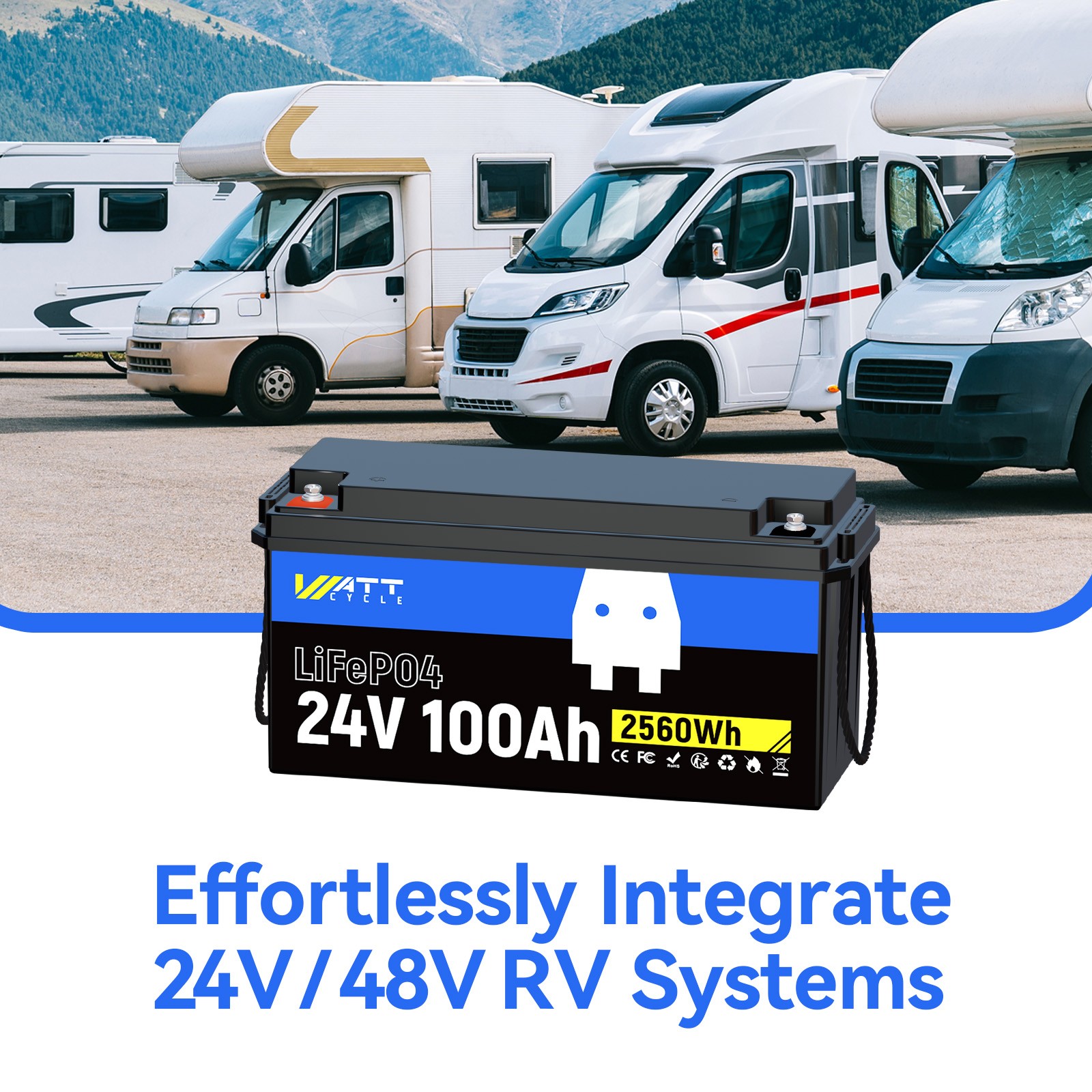 Wattcycle 24V 100Ah 100A BMS Lithium Battery + 29.2V 15A Charger for Boat Yacht
