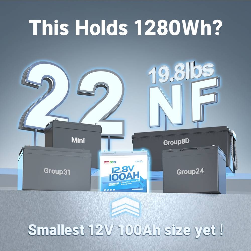 Redodo 12V 100Ah Bluetooth LiFePO4 Lithium Battery Group 22NF, 14.6V 20A Charger