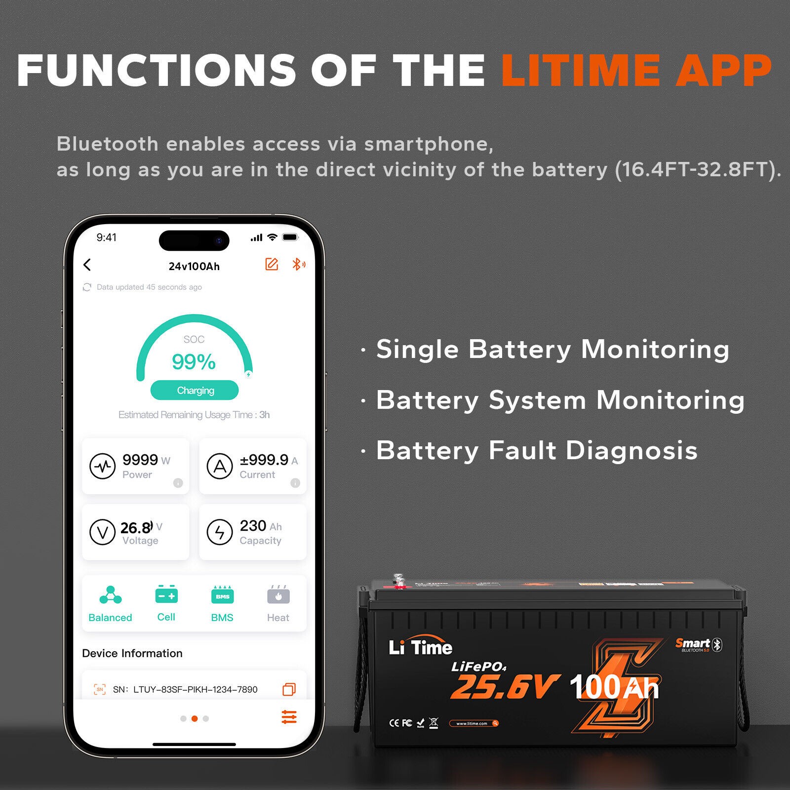 LiTime 24V 100Ah Bluetooth LiFePO4 Lithium Battery with 20A Charger For RV Boat