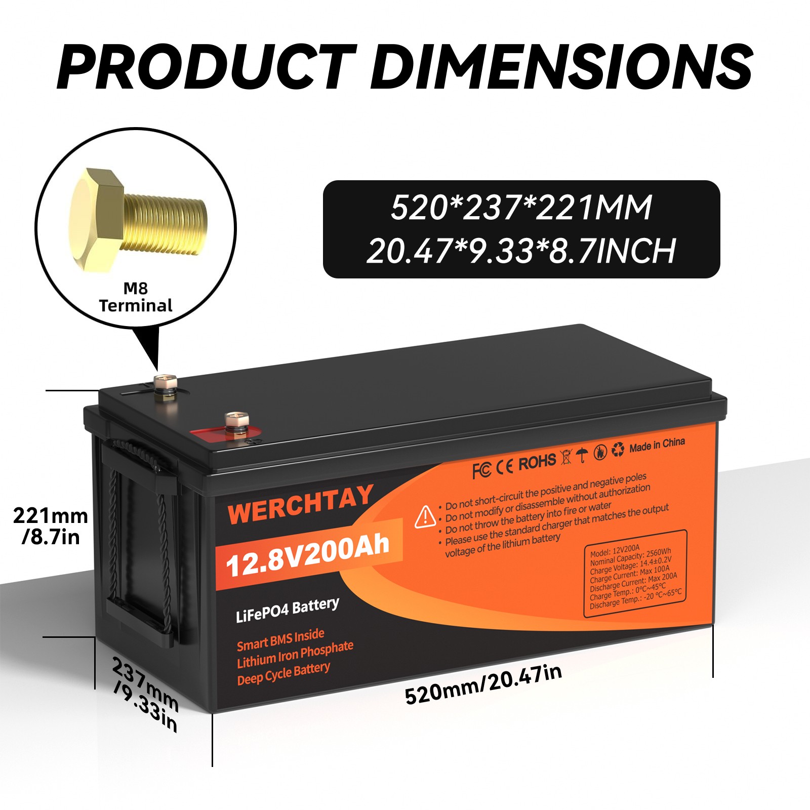 12V 200Ah LiFePO4 Lithium Battery Deep Cycle Built-in BMS for Solar RV Off-Grid