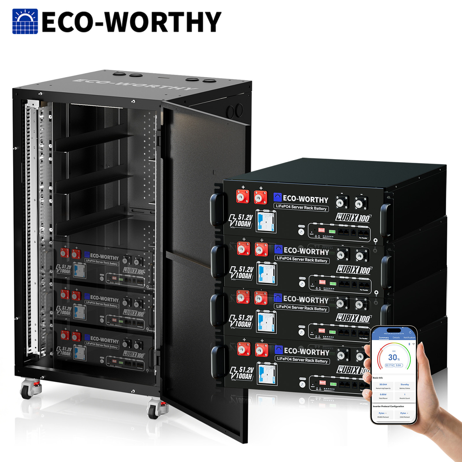 ECO-WORTHY 4Pack 48V 100AH Lithium Battery UL1973+UL9540A+RACK6 V3 Server Rack