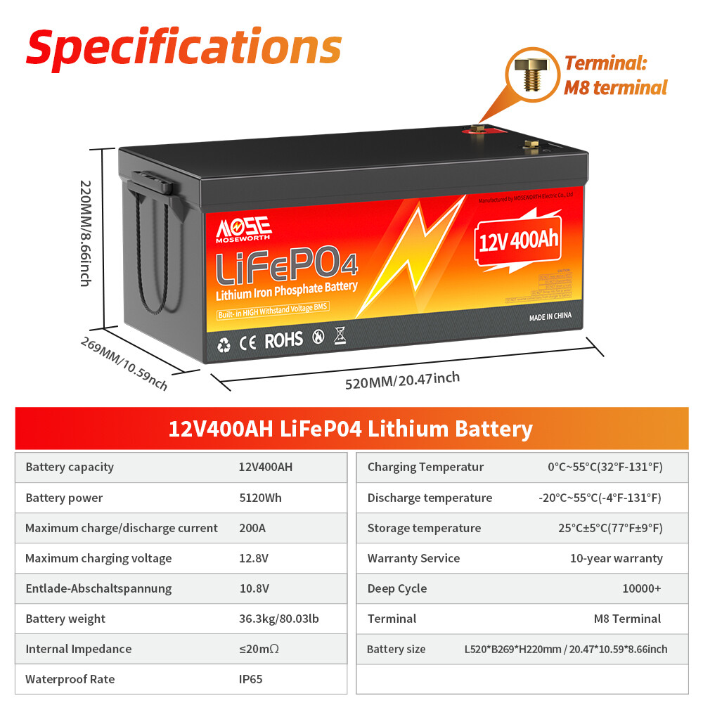 12V 400Ah LiFePO4 Deep Cycle Lithium Battery 200A BMS RV Solar Off-grid Marine