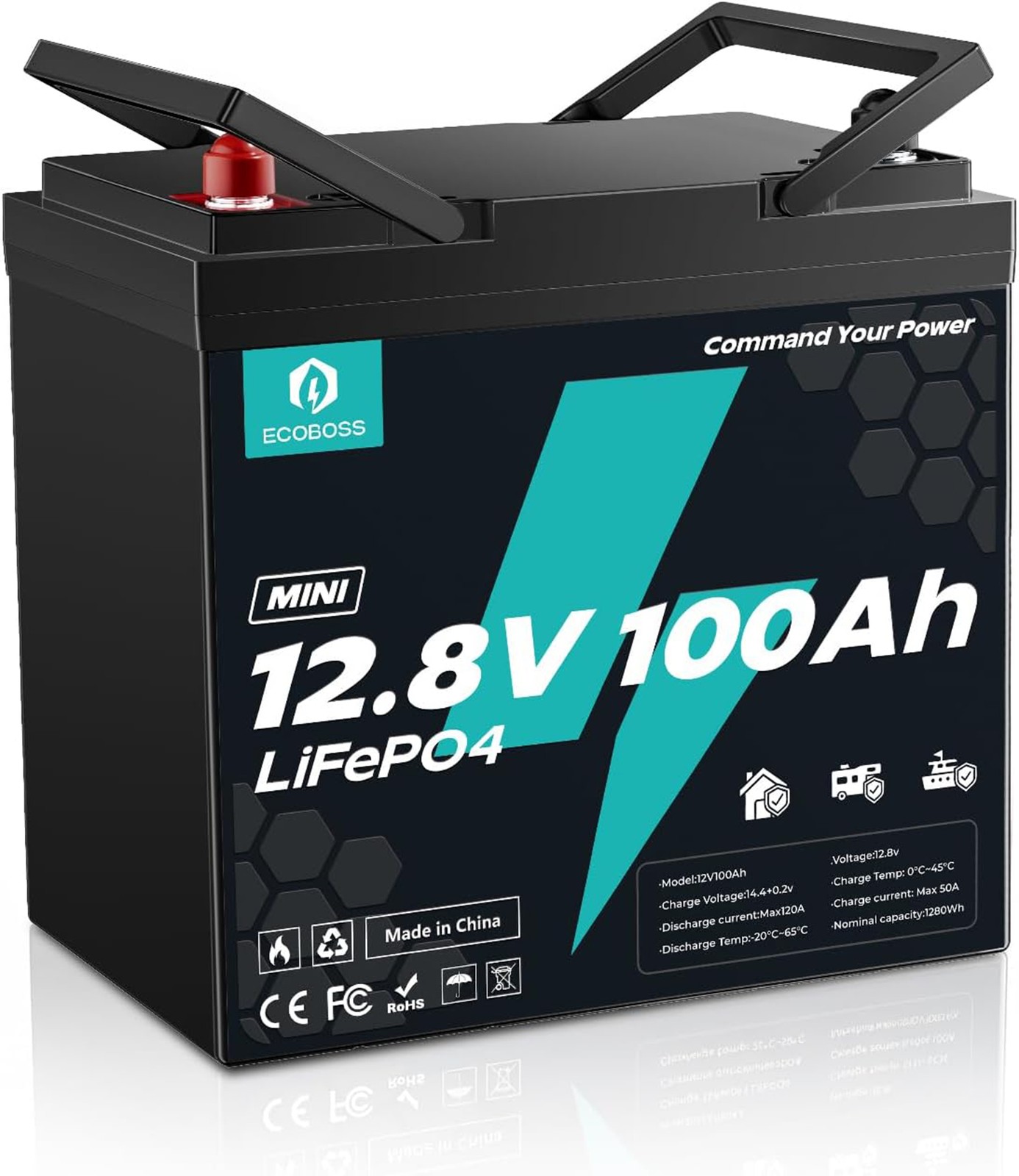 1280Wh Mini 12V 100Ah LiFePO4 Lithium Battery Low-Temp Deep Cycle Trolling Motor