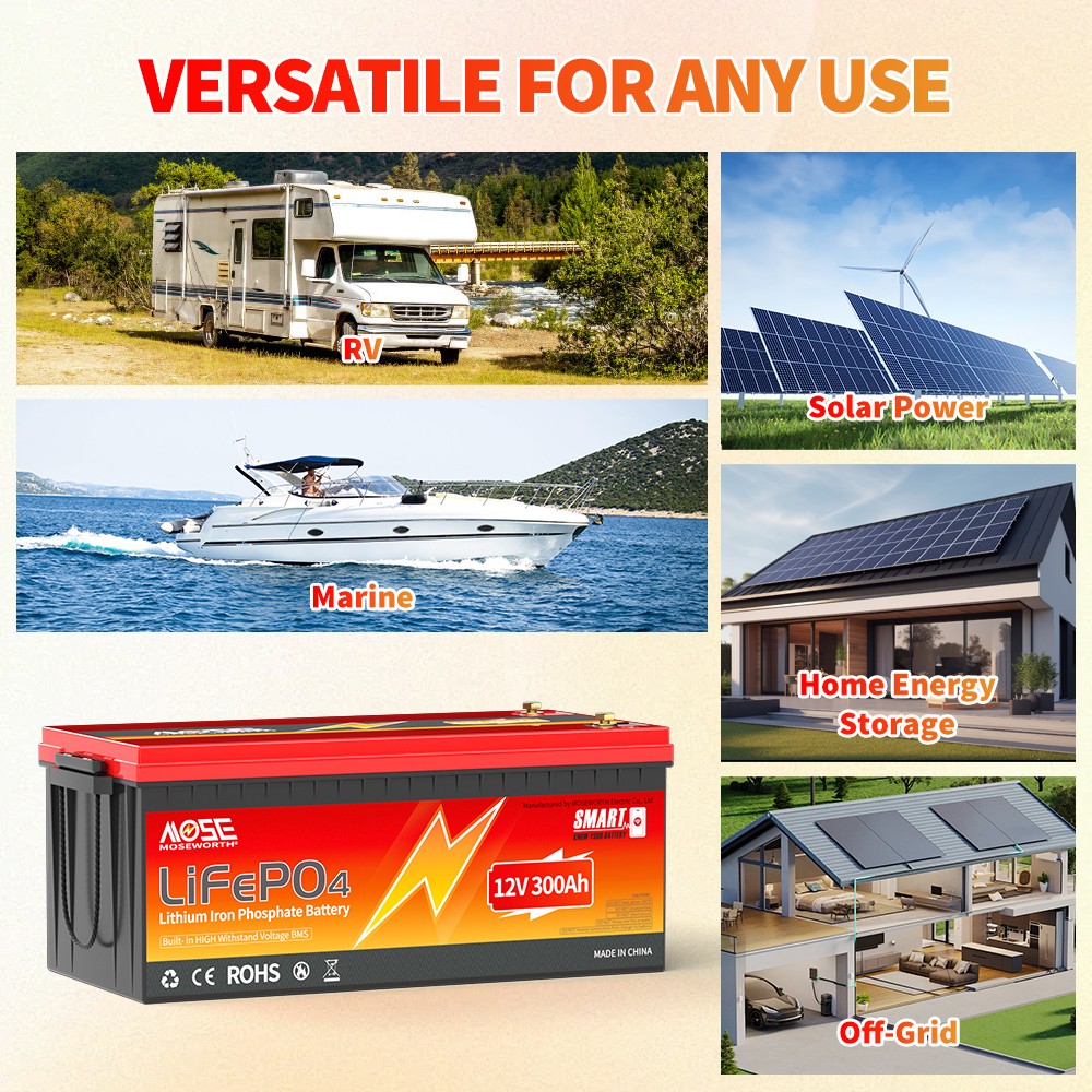 12V 300Ah Bluetooth LiFePO4 Lithium Battery 200A BMS Deep Cycle RV Marine Solar