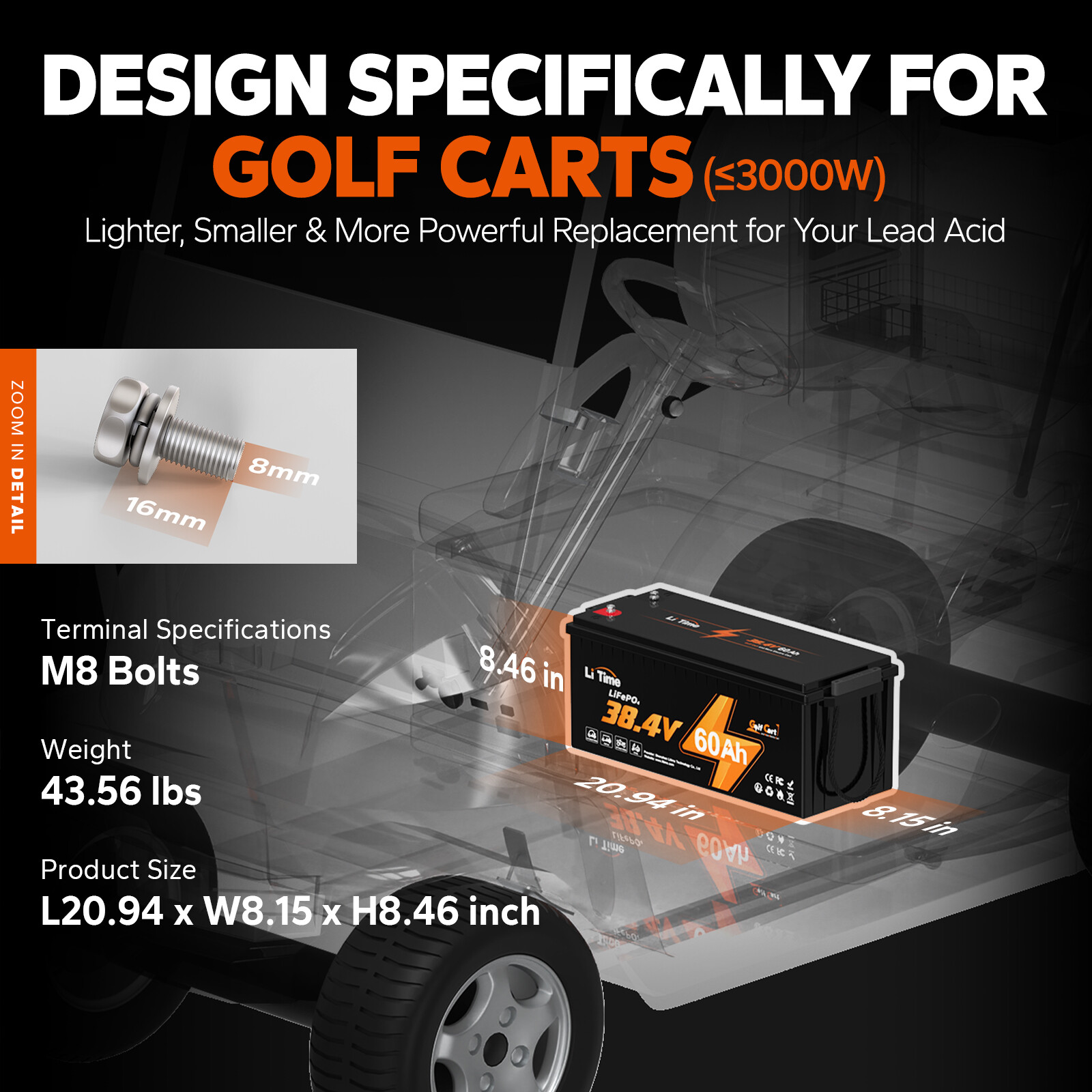 LiTime 36V 60Ah Golf Cart LiFePO4 Lithium Battery Deep Cycle 2304Wh 120A BMS
