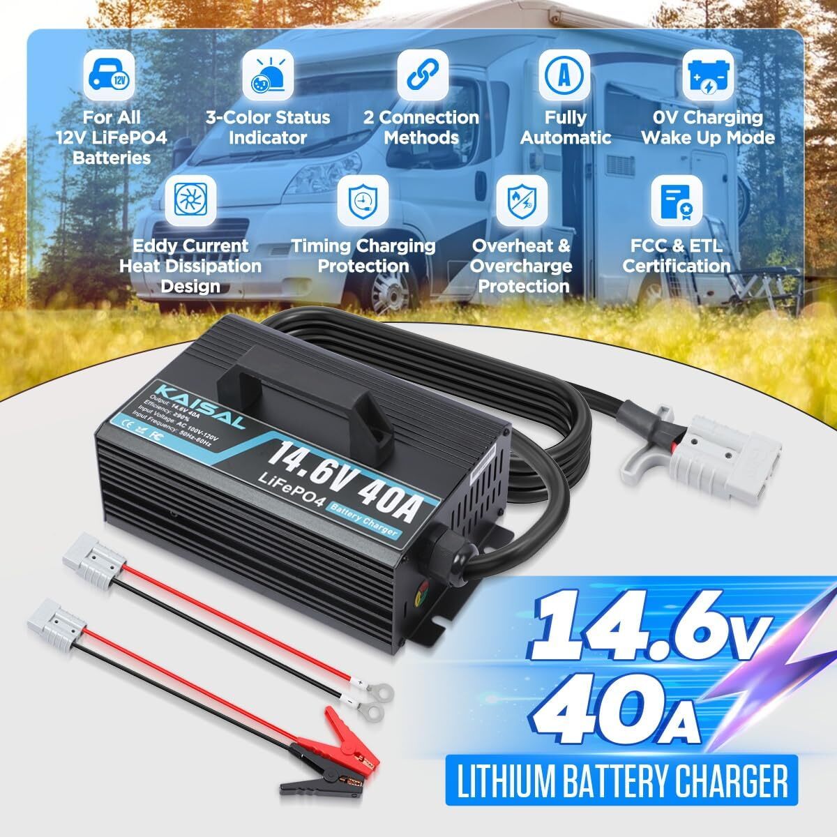 12V 40A Lithium Battery Charger LiFePO4 Battery Charger Fit For Solar, RV, Solar
