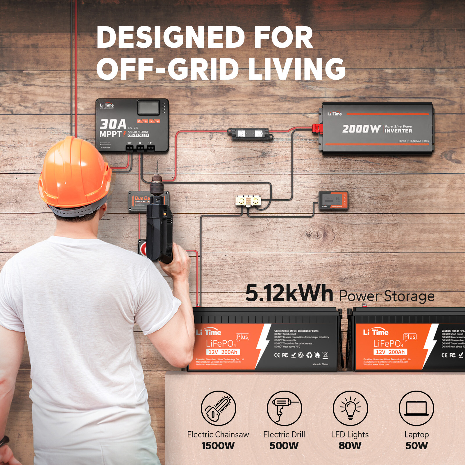 LiTime 5.12kWh Energy 12V 200Ah PLUS LiFePO4 12/24V 30A MPPT 12V 2000W Inverter