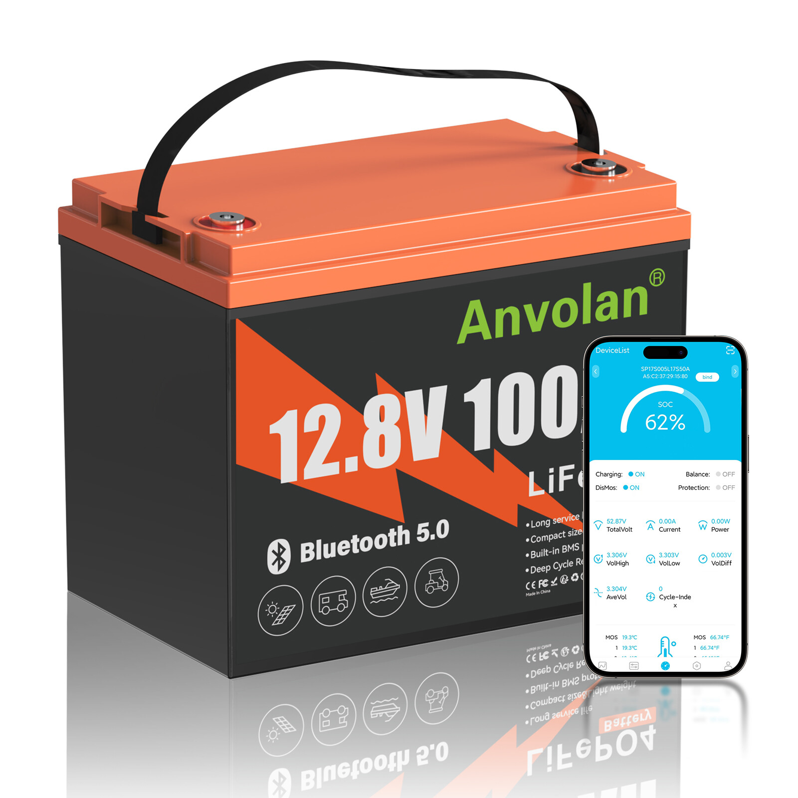 12V 100Ah LiFePO4 Bluetooth RV Lithium Batteries 100A BMS for Camper Trailer