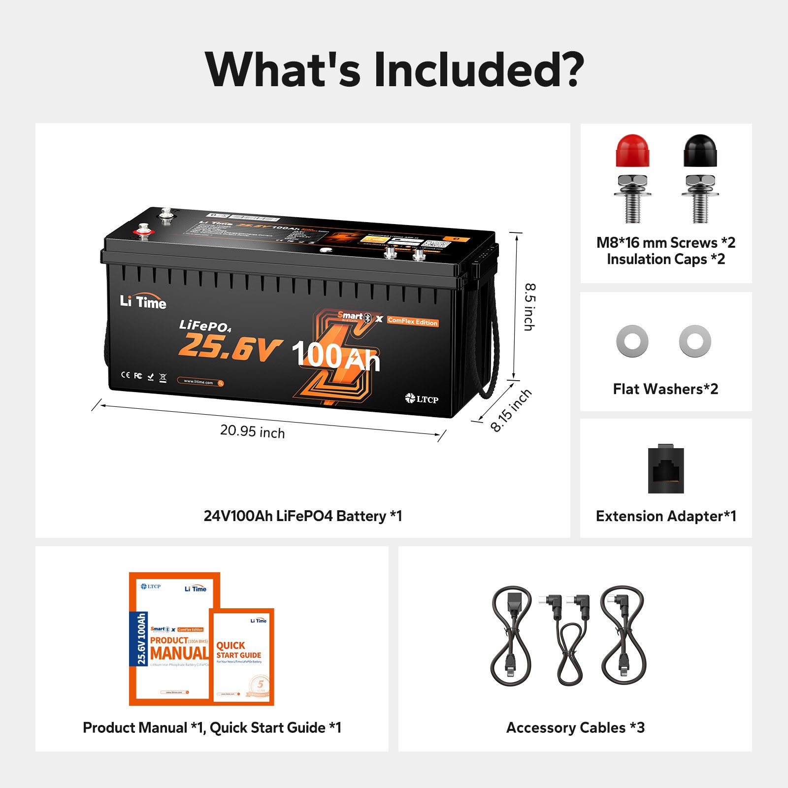 LiTime 24V 100Ah Smart ComFlex Battery with Bluetooth & Victron Communication