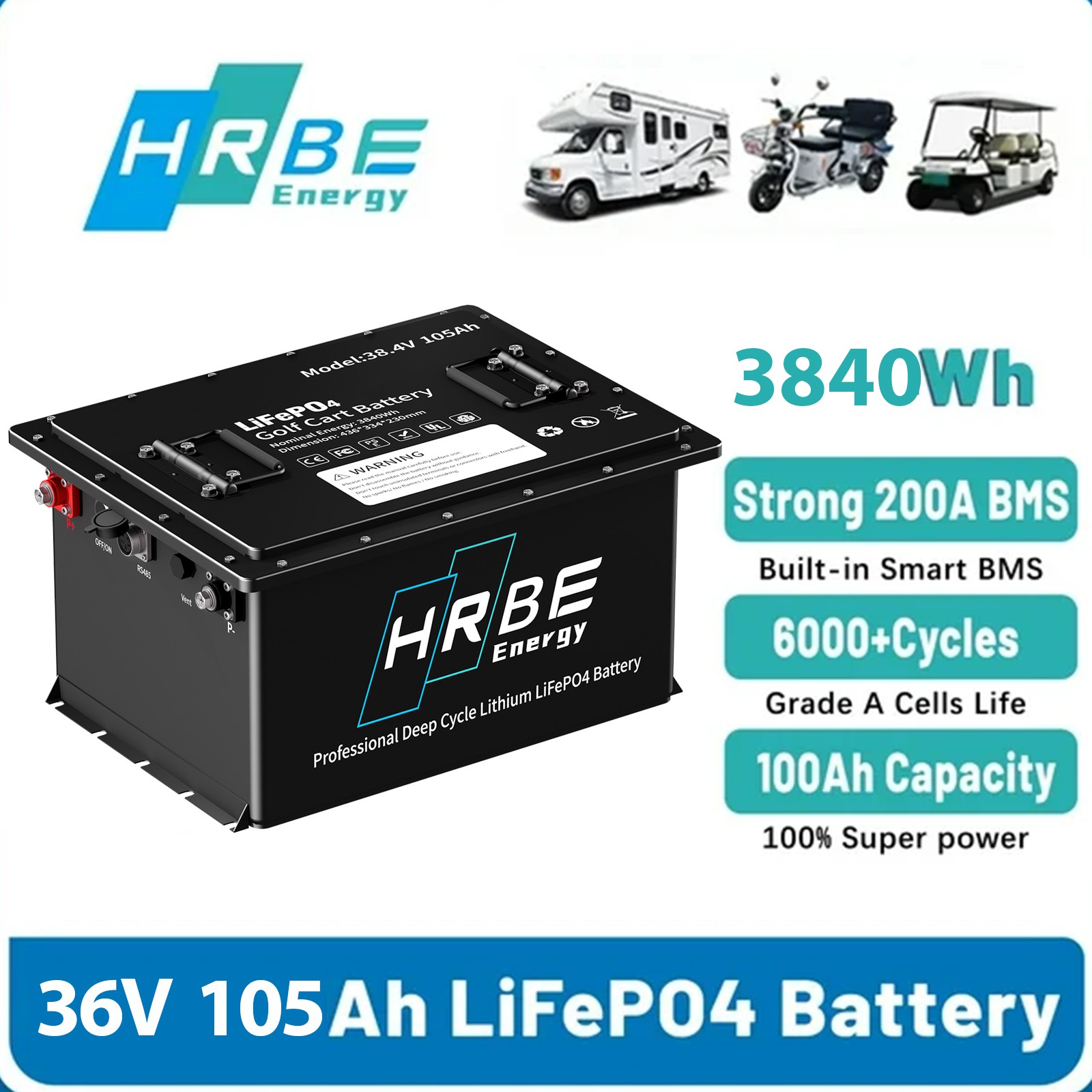 36V 48V 72V 105Ah Golf Cart LiFePO4 Lithium BT Battery 200A BMS+Monitor+Charger