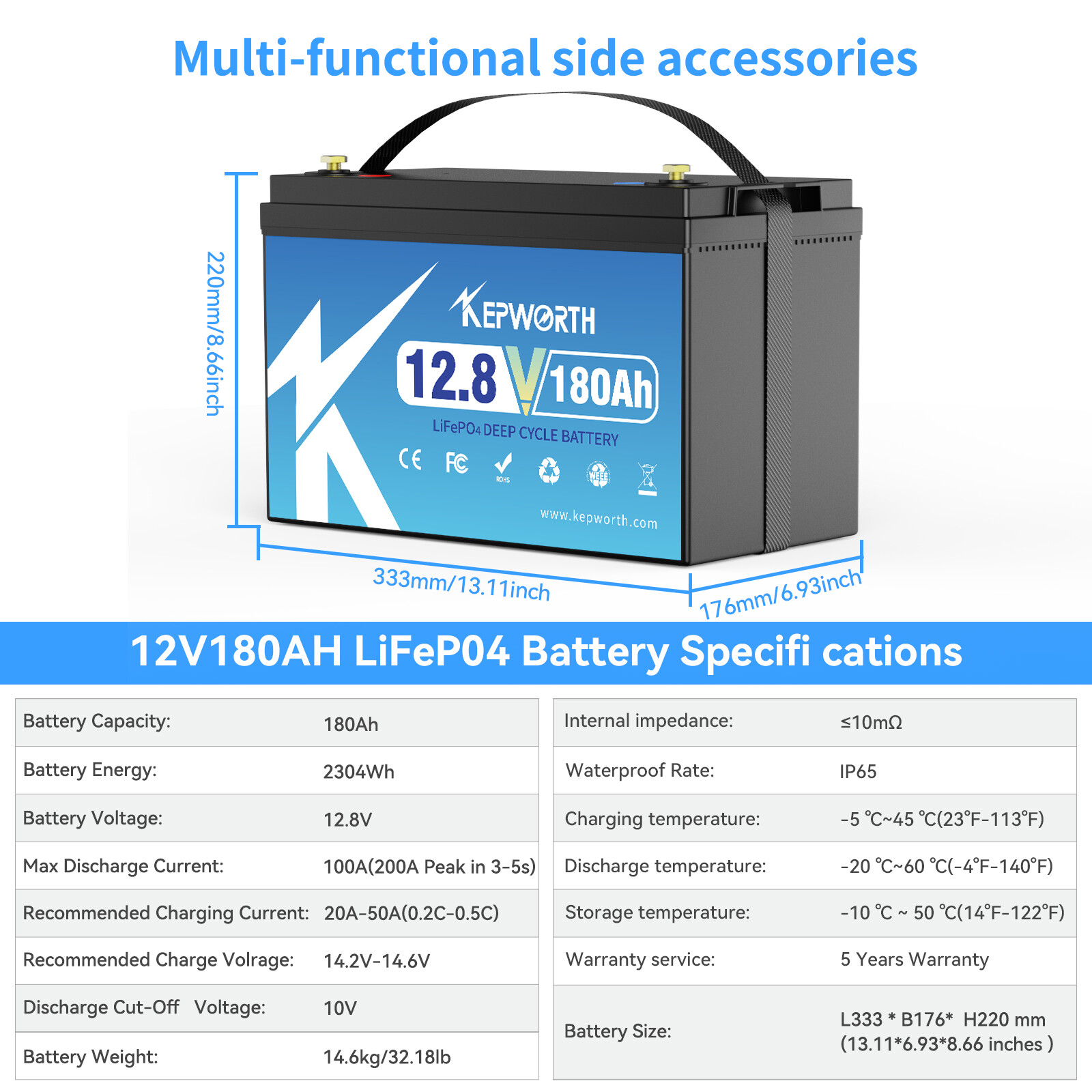 12V 180Ah Lithium Battery LiFePO4 100A BMS for Solar RV Trolling motor Off-grid