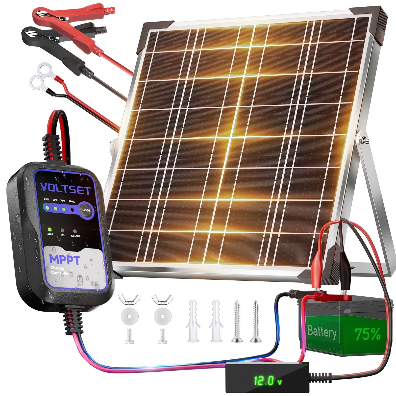 Voltset 12V Solar Battery Charger with LCD Voltage Tester – 20W Solar Trickle…