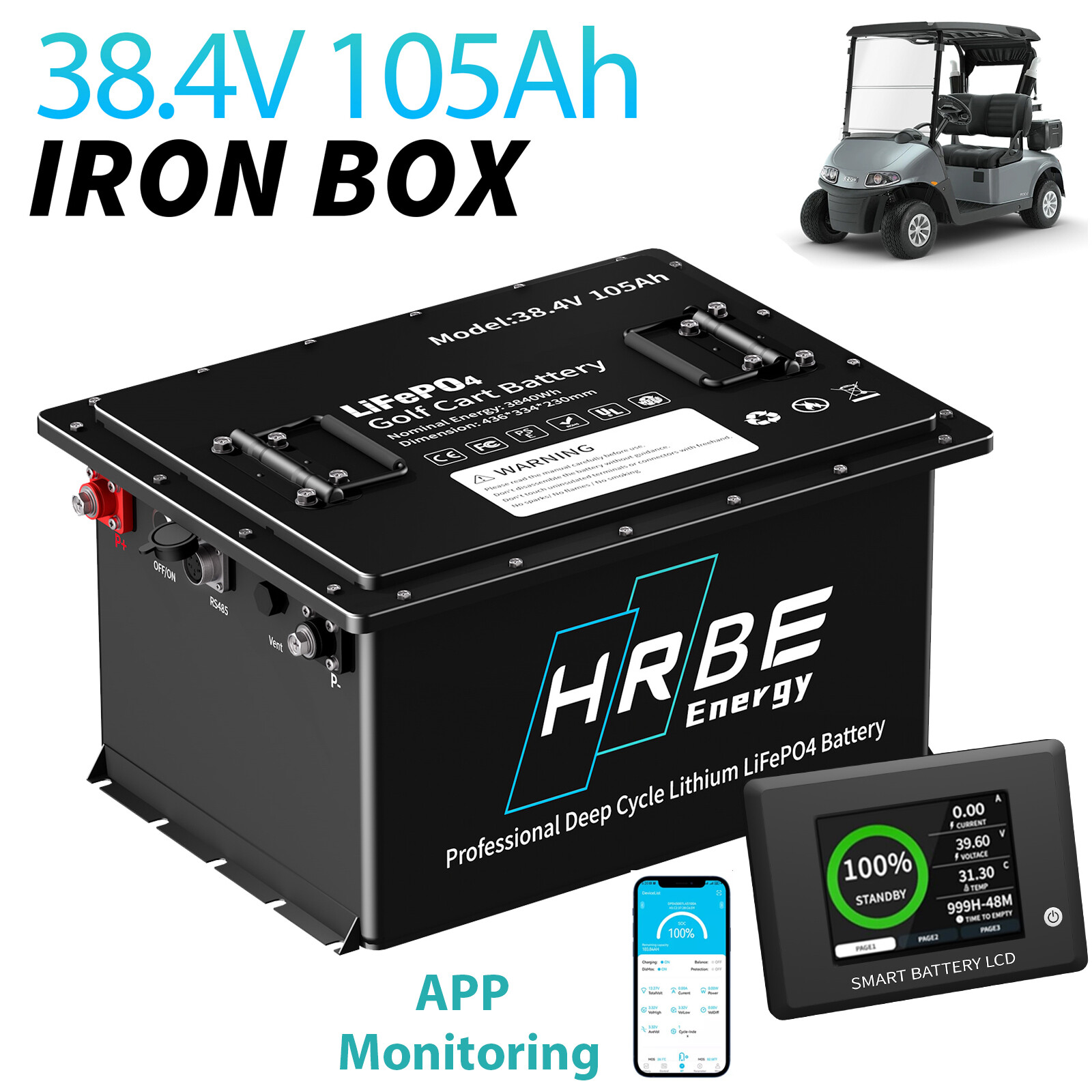36V 105Ah Battery LiFePO4 Lithium Golf Cart 200A BMS 15000+ Cycles with Monit