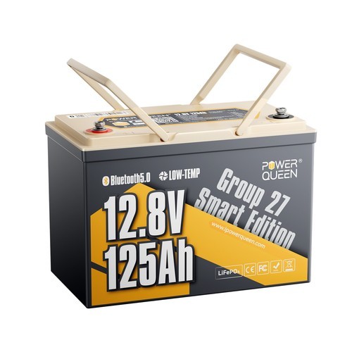 Power Queen 12V 125Ah Group 27 Bluetooth LiFePO4 Lithium Battery for RV Marine