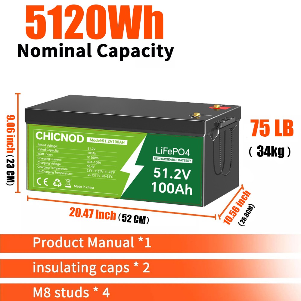 CHICNOD 48V 100Ah LiFePO4 Lithium Battery Deep Cycle BMS With 58.4V 20A Charger