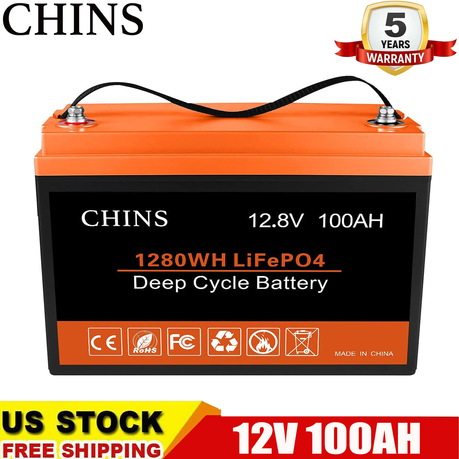 CHINS 100AH 12V Deep Cycle LiFePO4 Lithium Battery for RV Solar System Home BMS