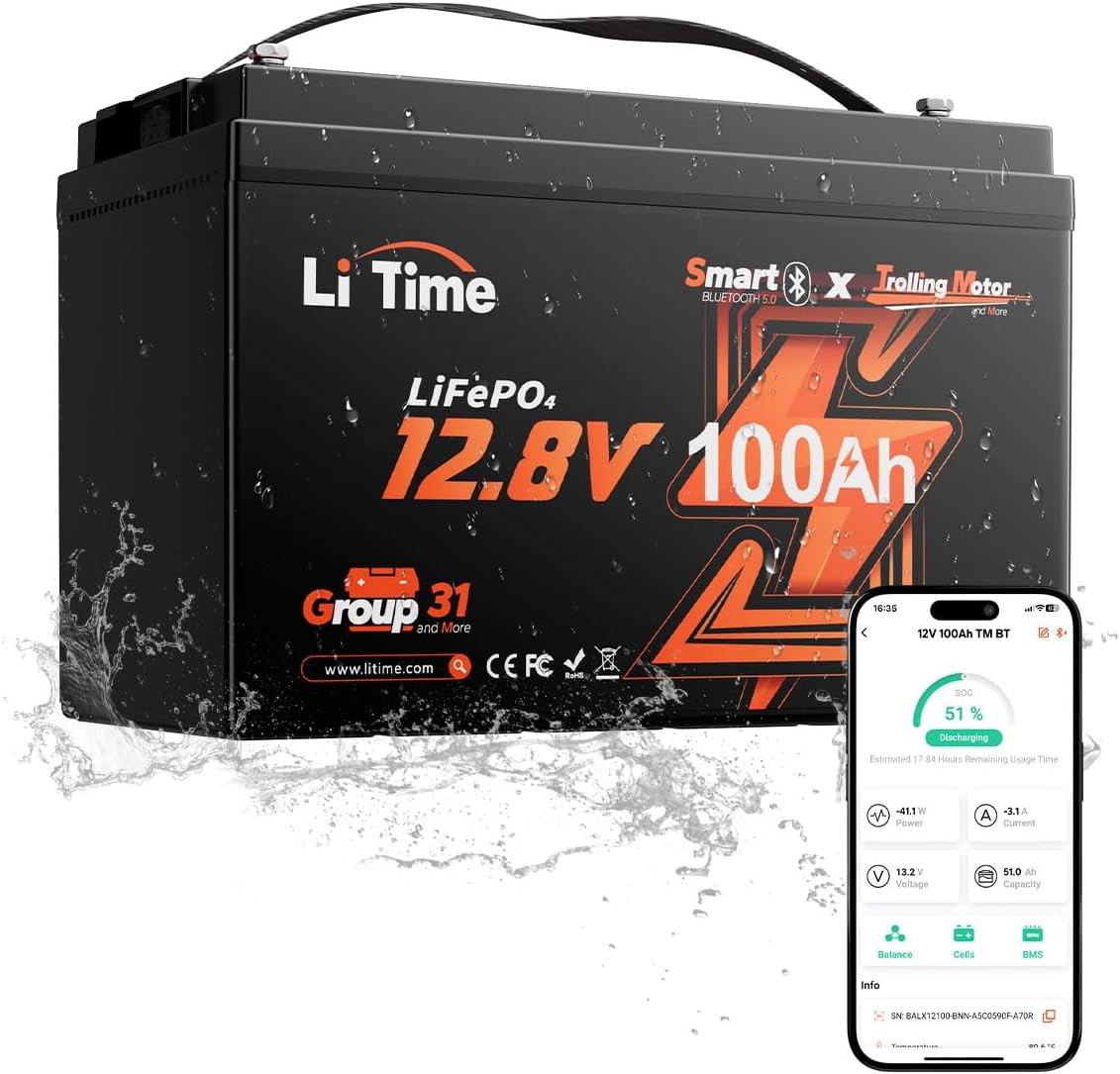 Litime 12V 100Ah Trolling Motors Lifepo4 Battery (Group 31), 12 Volt Bluetooth L