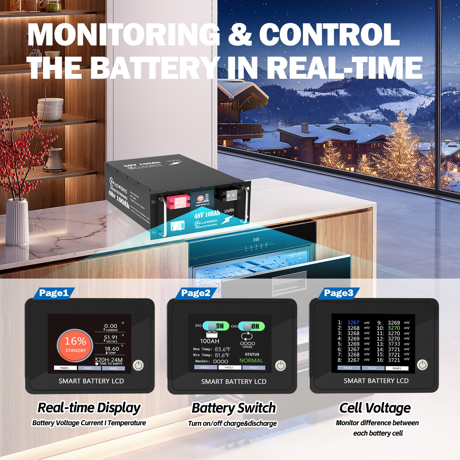 Paoweric 48V 100Ah LiFePO4 Battery Server Rack Solar 200A BMS