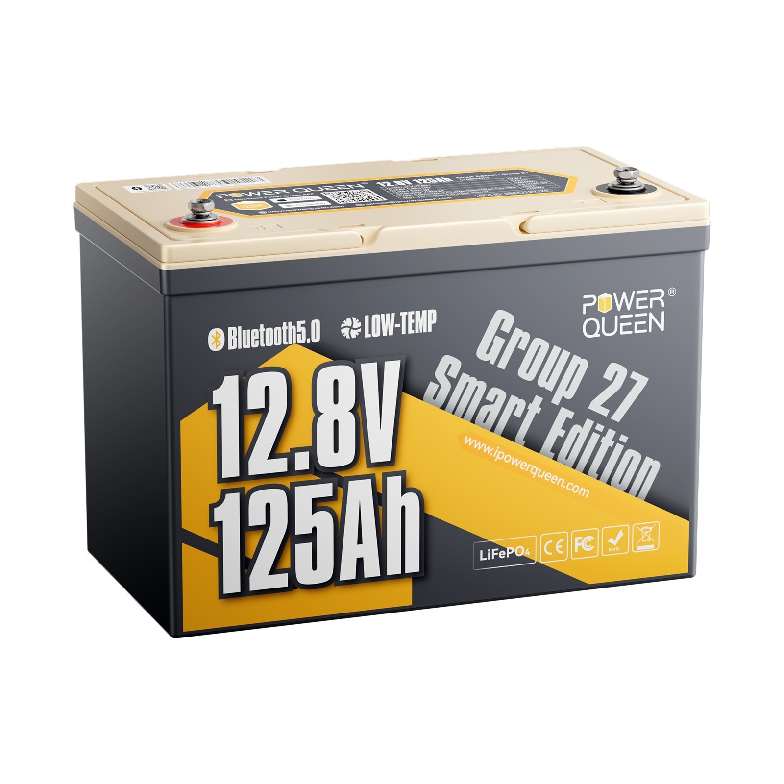Refurbished Power Queen 12V 125Ah Group 27 Smart LiFePO4 Lithium Battery