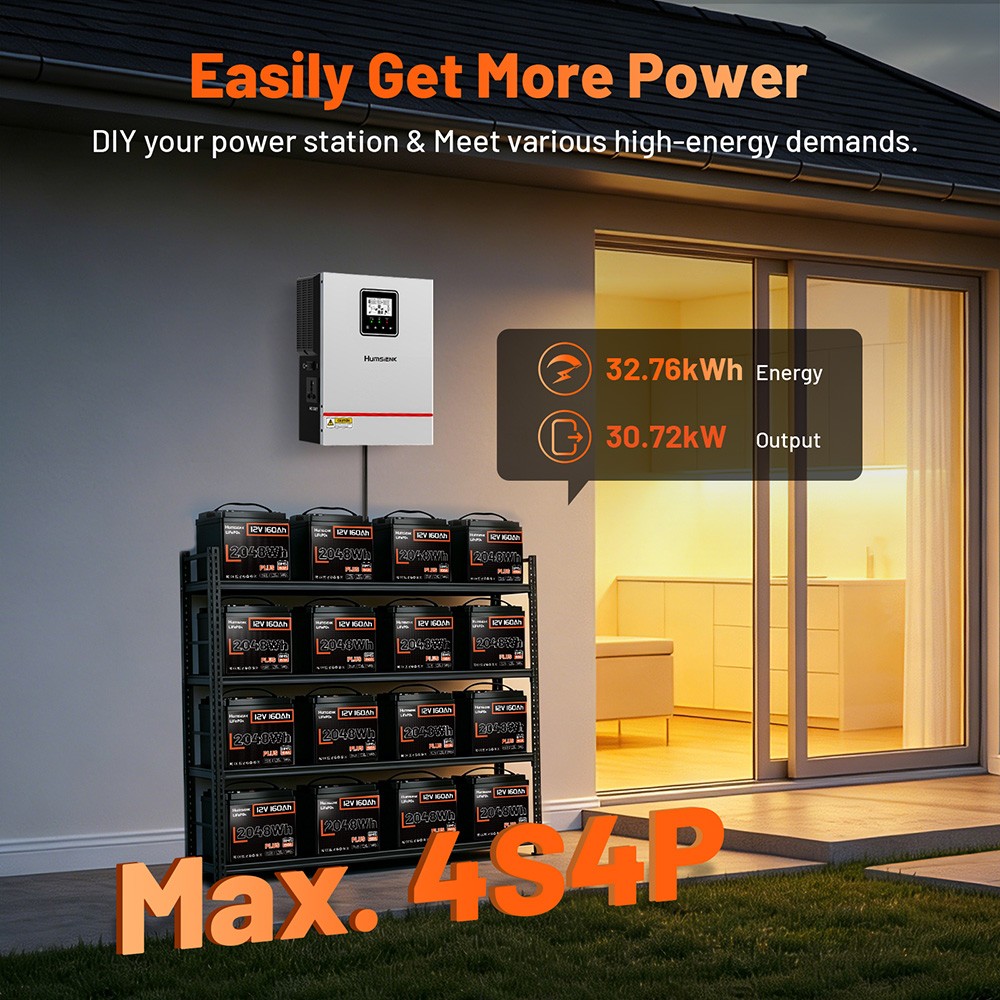 4x Humsienk 12V 160Ah LiFePO4 Battery 150A BMS 8192Wh Low‑Temp Protection IP65