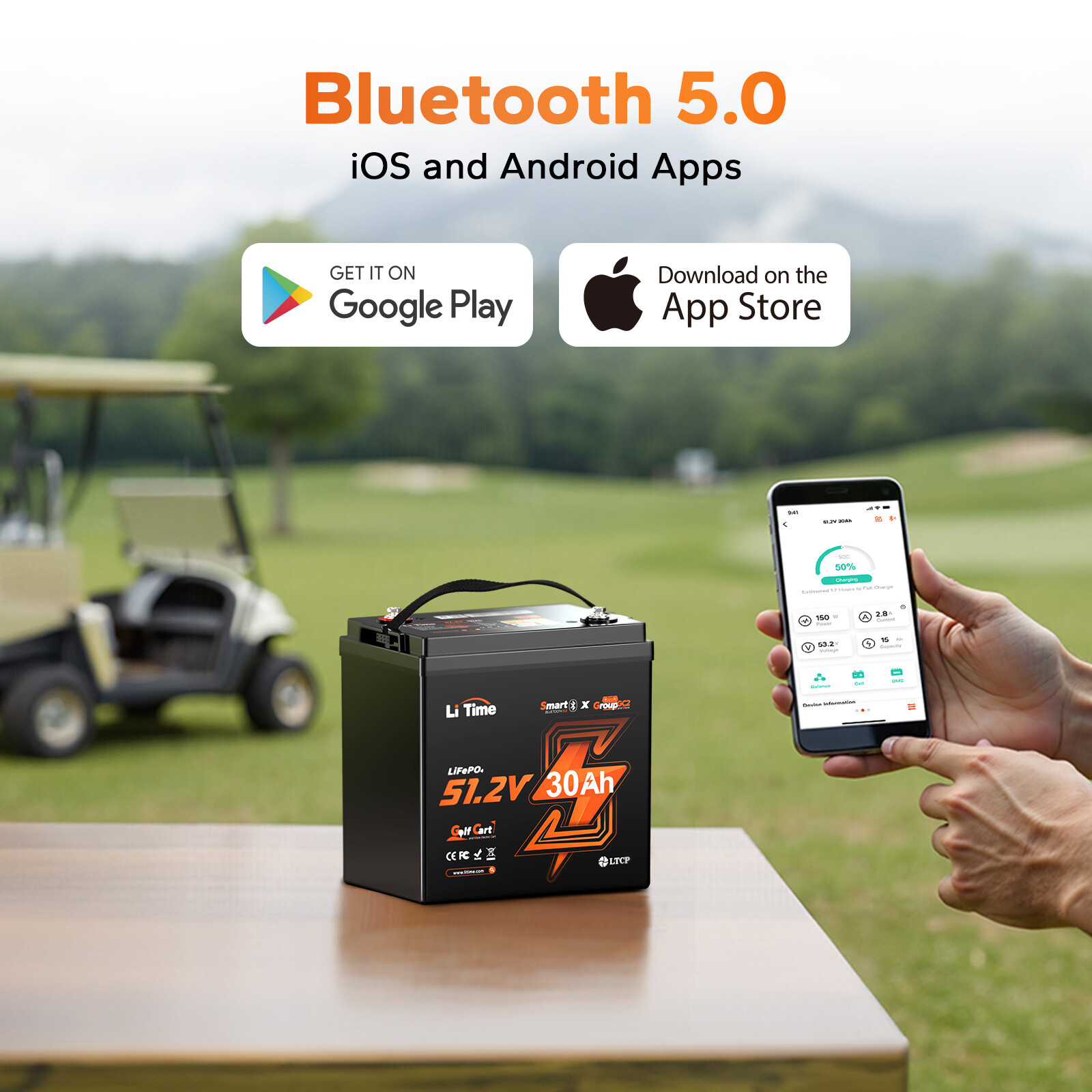 LiTime 48V 30Ah GC2 Bluetooth Golf Cart Lithium Battery With Low Temp Protection
