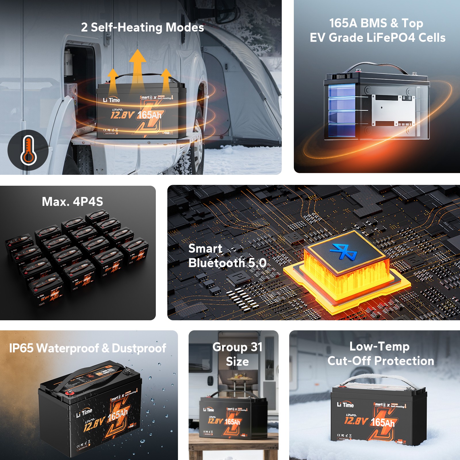 LiTime 12V 165Ah Smart Self Heating Group 31 LiFePO4 Lithium Battery For Winter