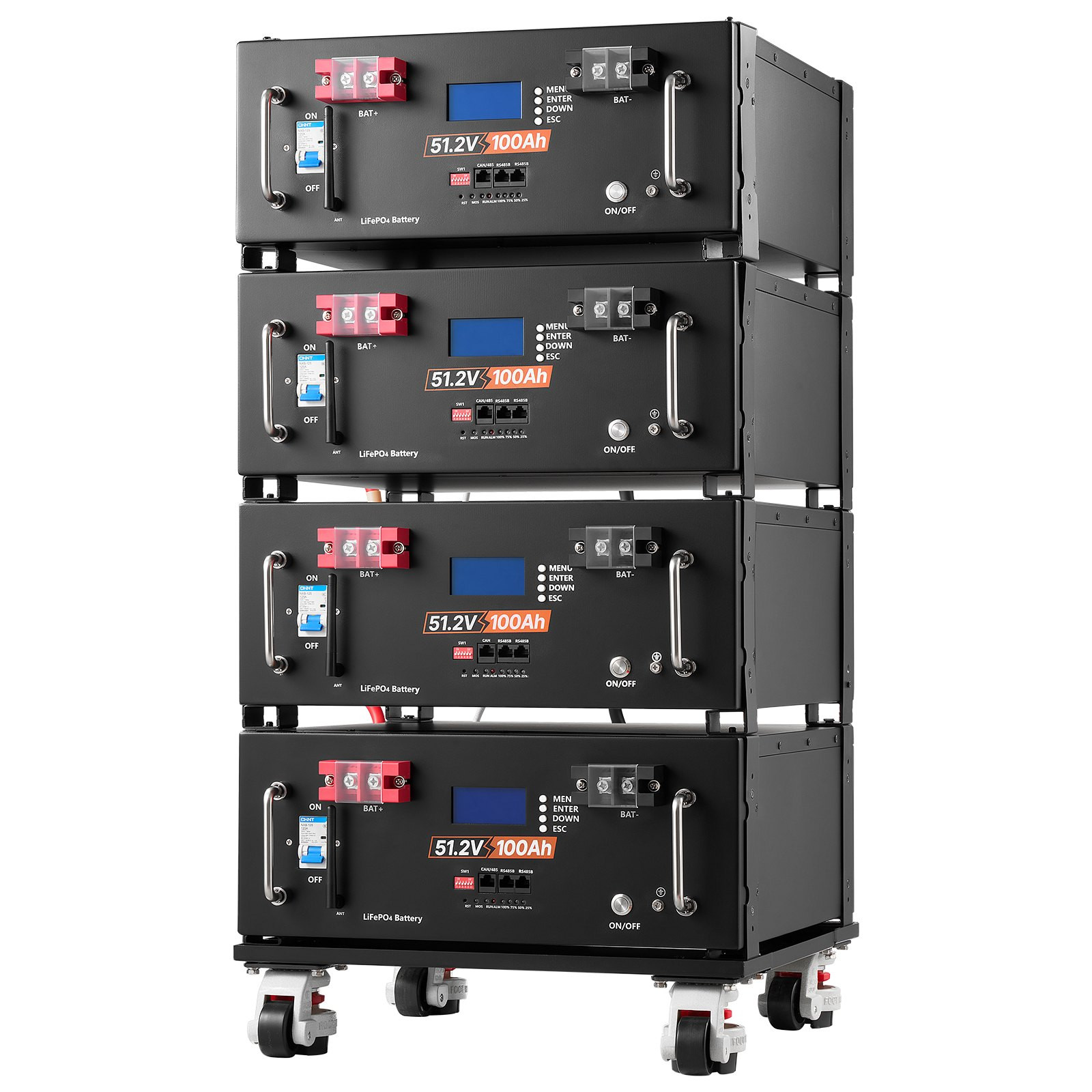 4 Pack 48V 100Ah LiFePO4 Server Rack Battery 5120Wh Bluetooth 100A BMS