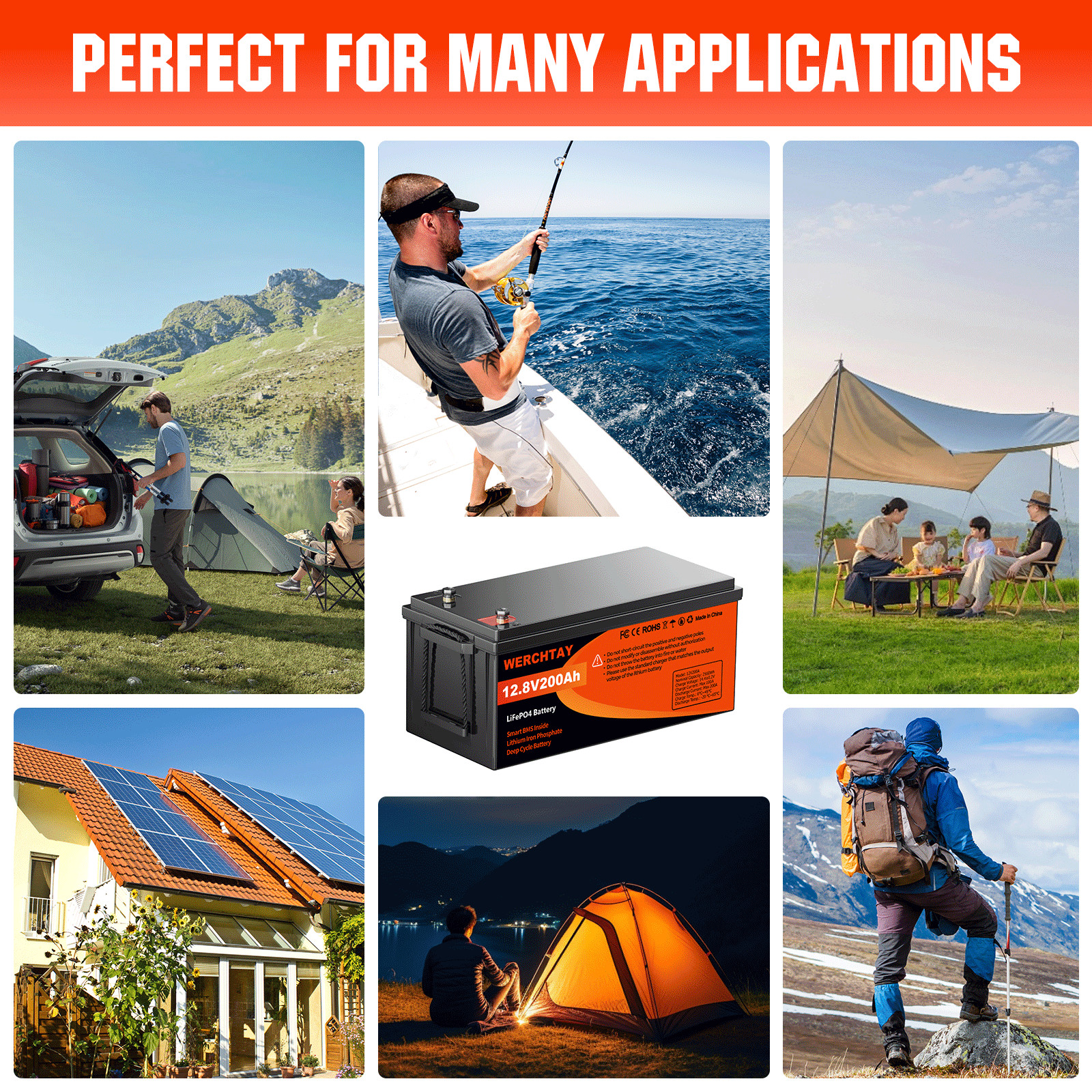 12V 200Ah LiFePO4 Lithium Battery Deep Cycle Built-in BMS for Solar RV Off-Grid
