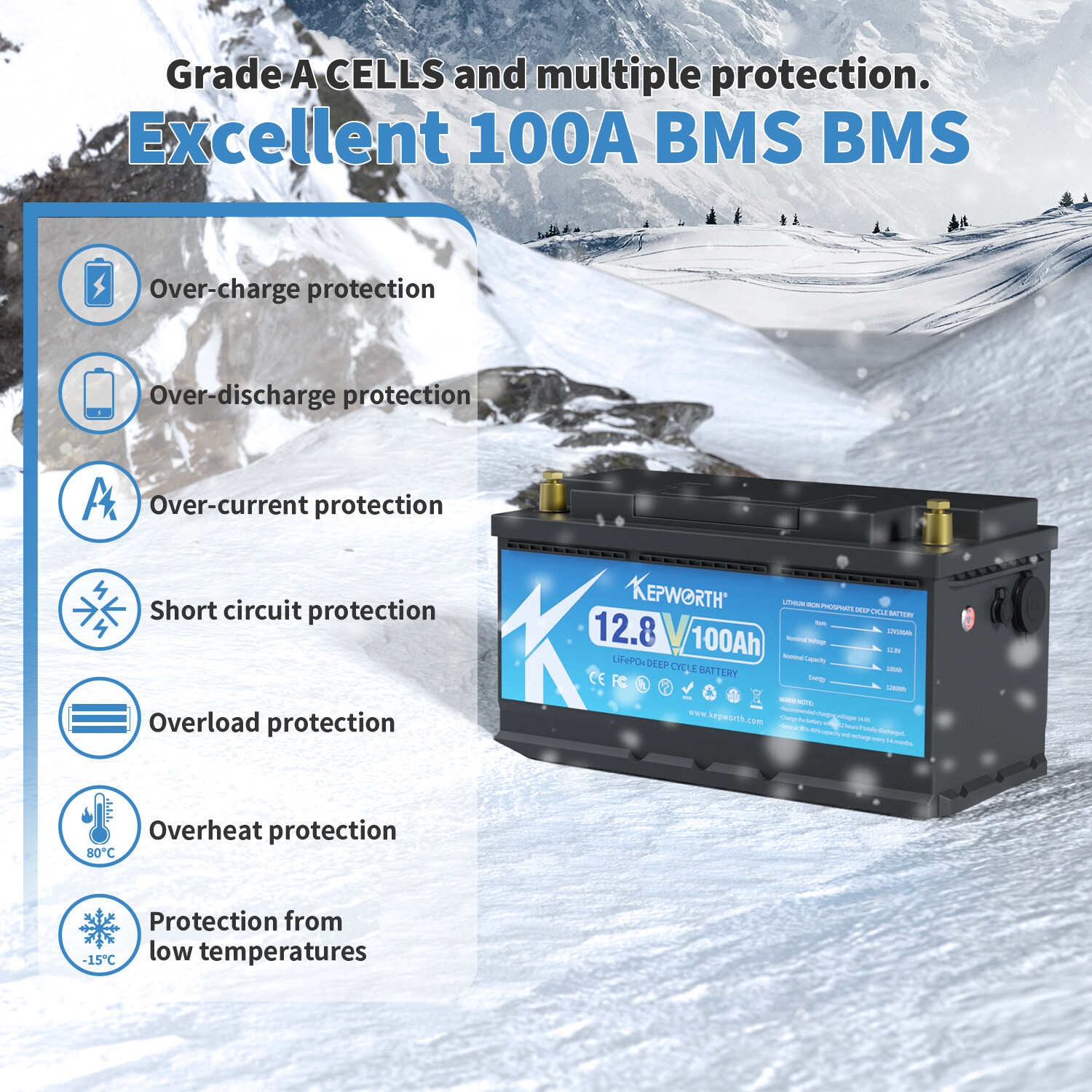 12V 100Ah LiFePO4 Lithium Battery 20000 Cycles BMS 10-Year Lifespan Trailer RV