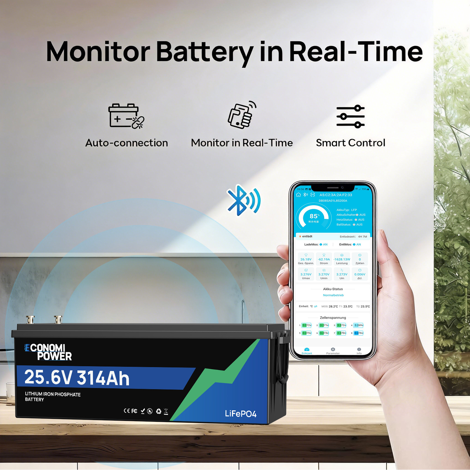 24V 314Ah(300Ah) LiFePO4 Battery 8038Wh Deep Cycle 200A BMS Bluetooth RV Solar