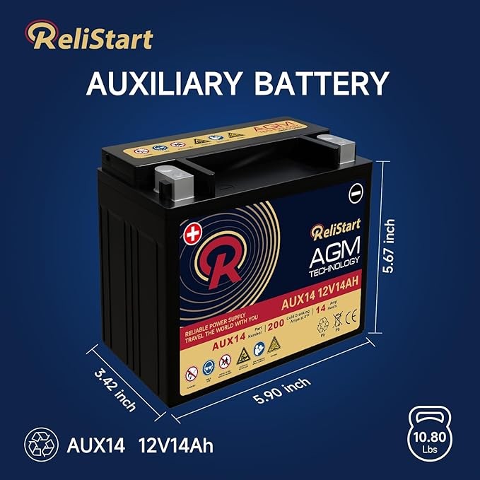 Relistart AUX14 Auxiliary Battery 12V 14Ah AGM Battery 200CCA Rechargeable