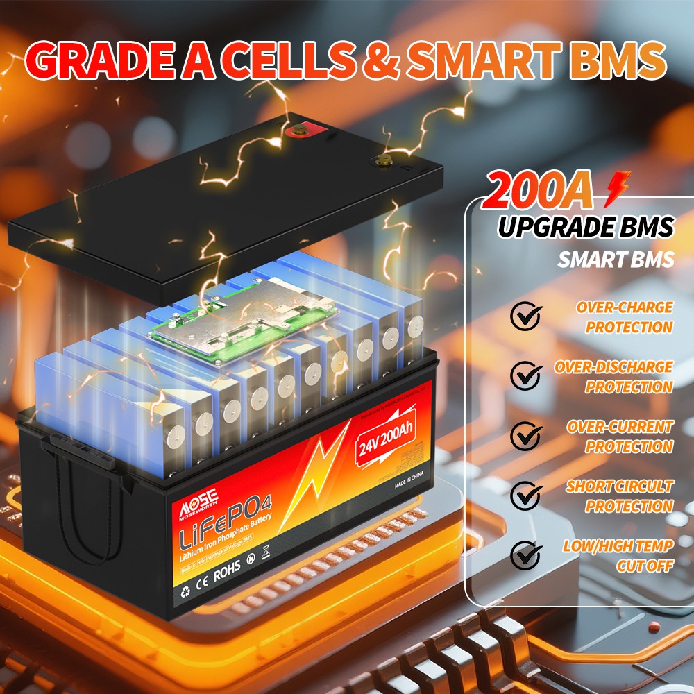 24V 200Ah LiFePO4 Deep Cycle Lithium Battery 200A BMS RV Solar Off-grid Marine
