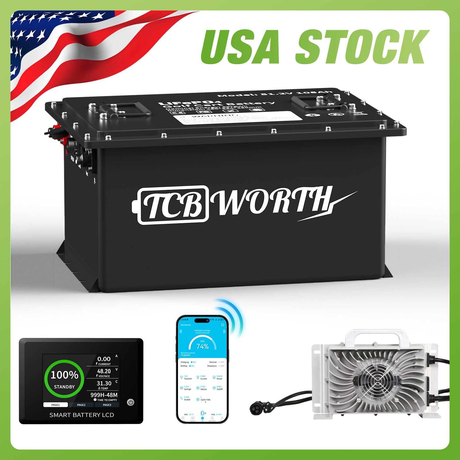 LiFePO4 48V 105Ah Golf Cart Lithium Battery Bluetooth Monitor 200A BMS +Charger
