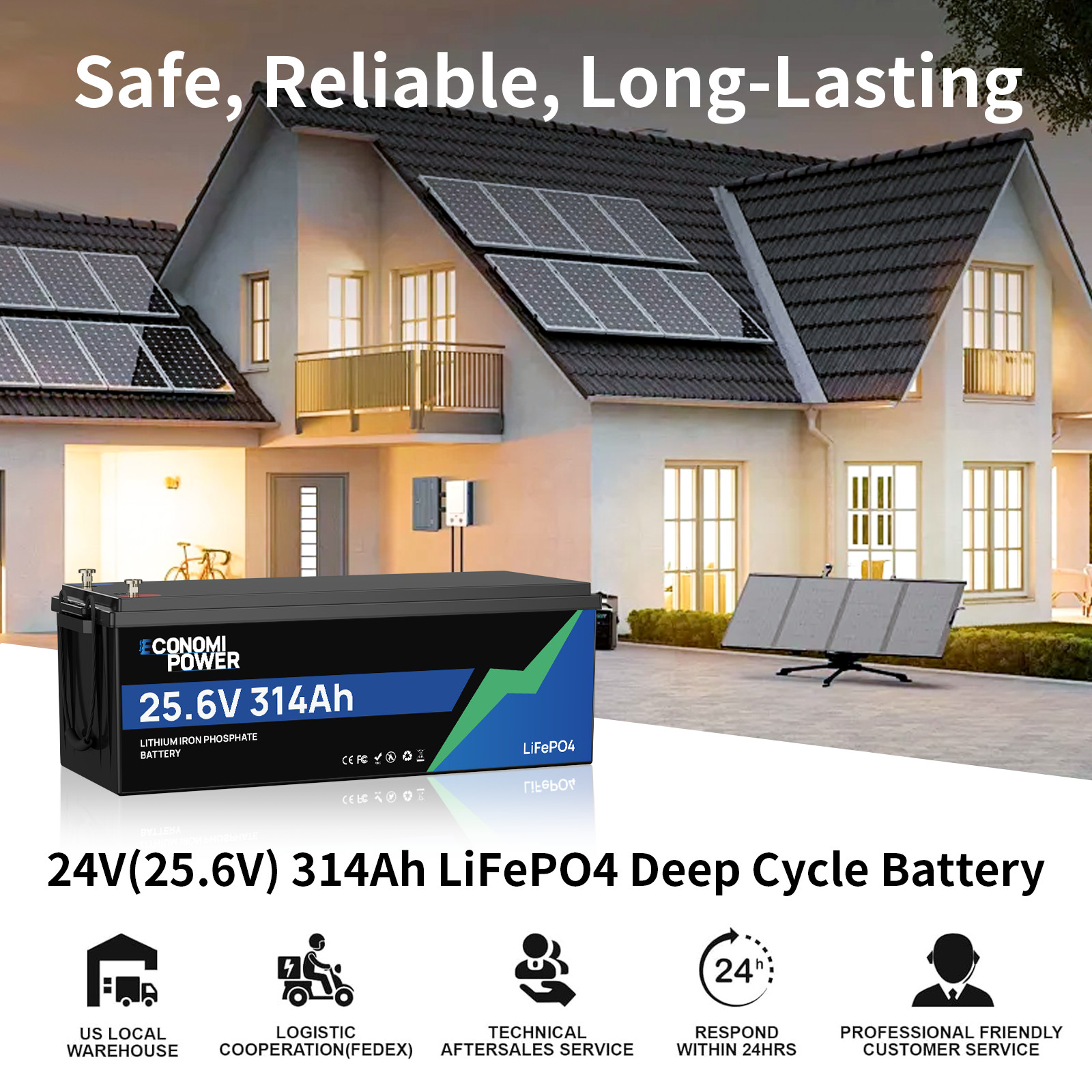 24V 314Ah(300Ah) LiFePO4 Battery 8038Wh Deep Cycle 200A BMS Bluetooth RV Solar
