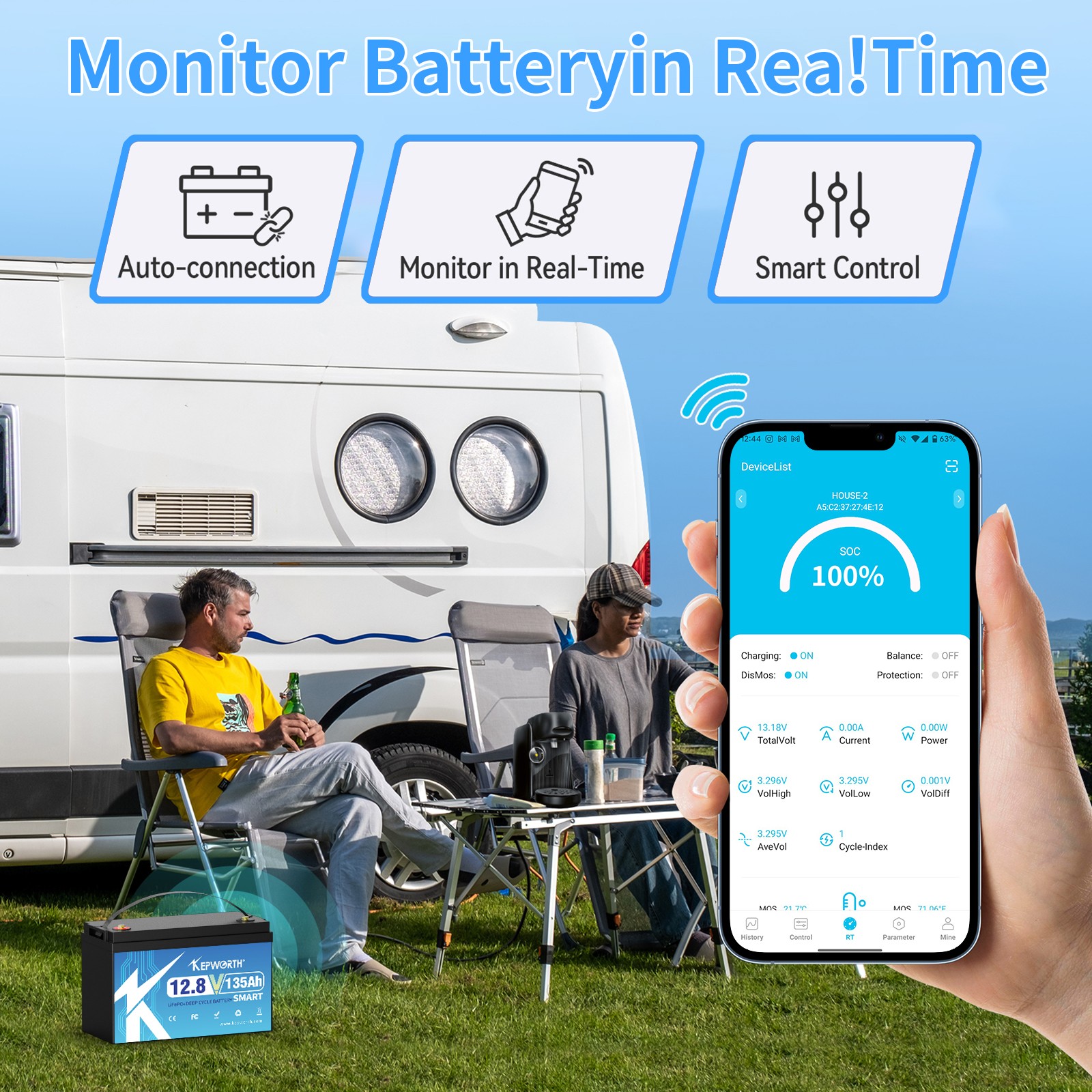 12V 135Ah Lithium LiFePO4 Battery Bluetooth BMS Smart for RV Solar Boat Off-grid