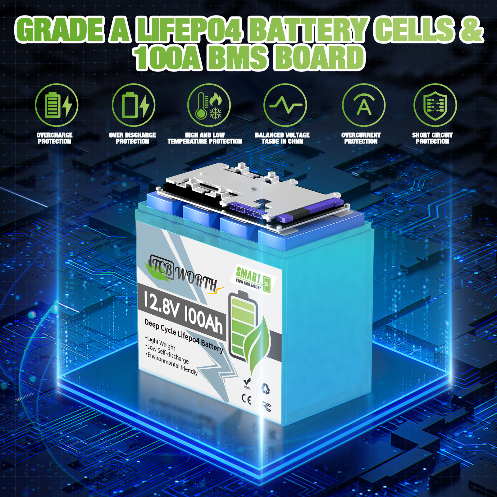 12V 100Ah Group 31 Bluetooth LiFePO4 Lithium 100A BMS Battery f/ RV Solar Marine