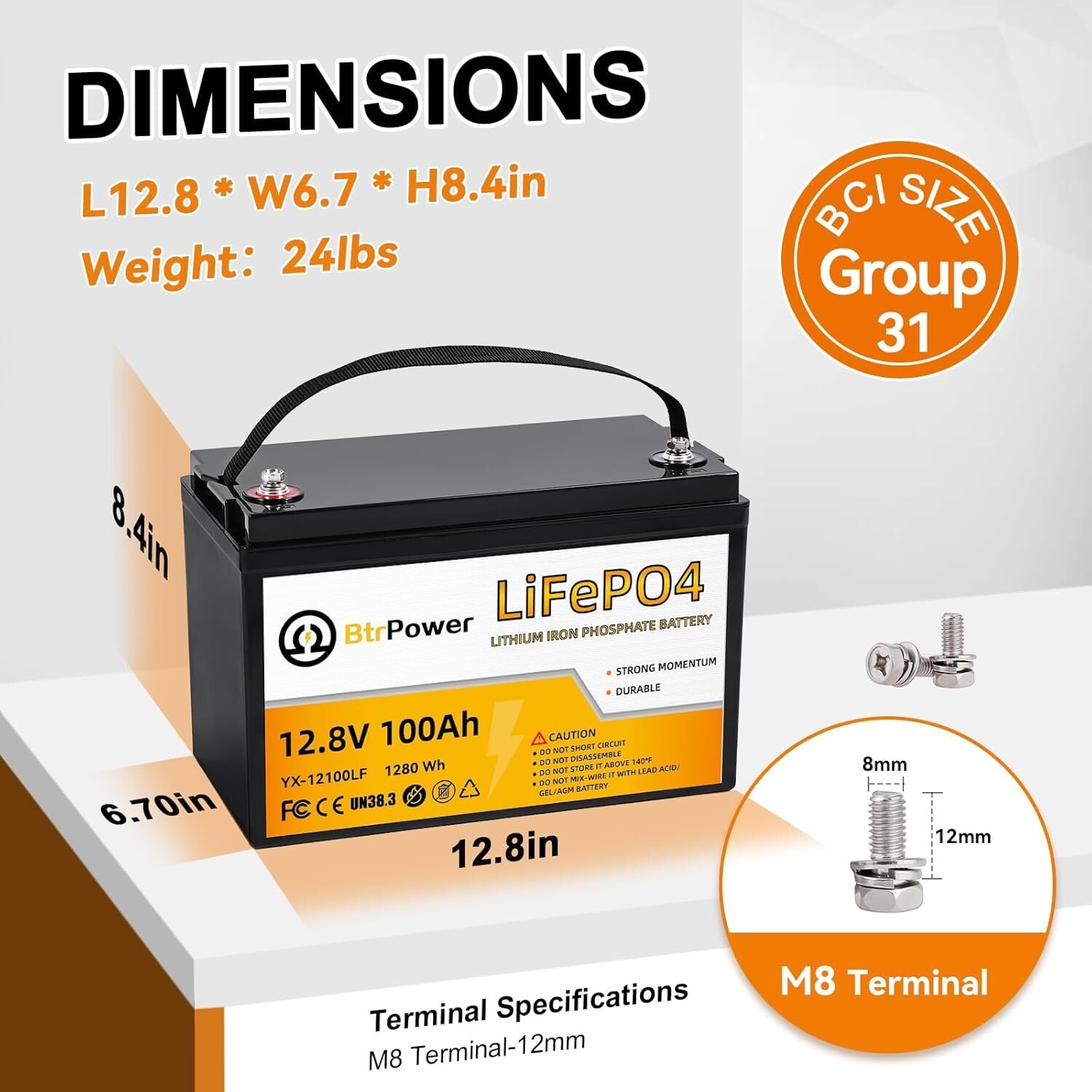 12V 100Ah LiFePO4 Battery Lithium Iron Phosphate for RV Marine Solar System 100A