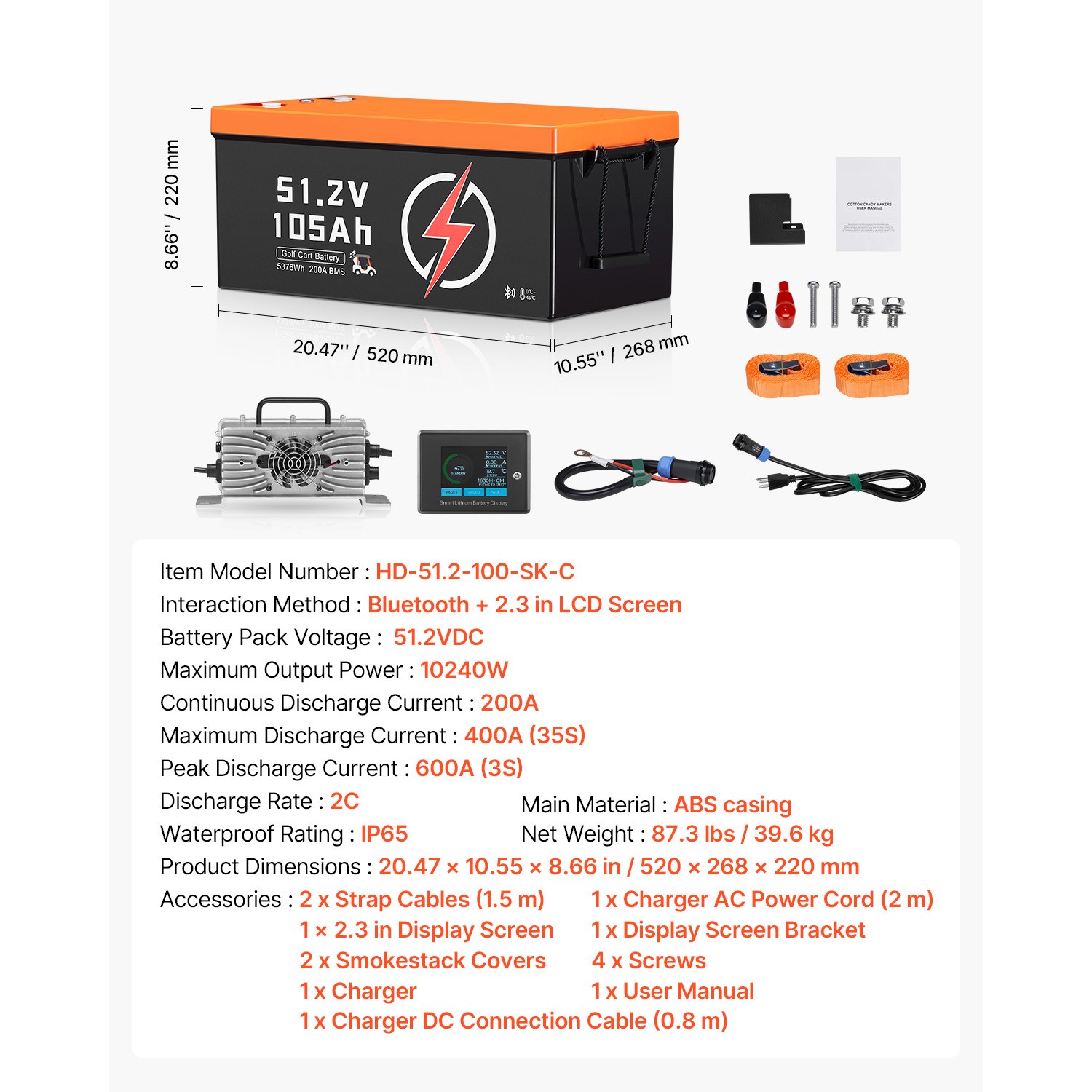 Uimoso 48V 105Ah Golf Cart Lithium Battery 20A Charger LCD Monitor & 4000+ Cycle