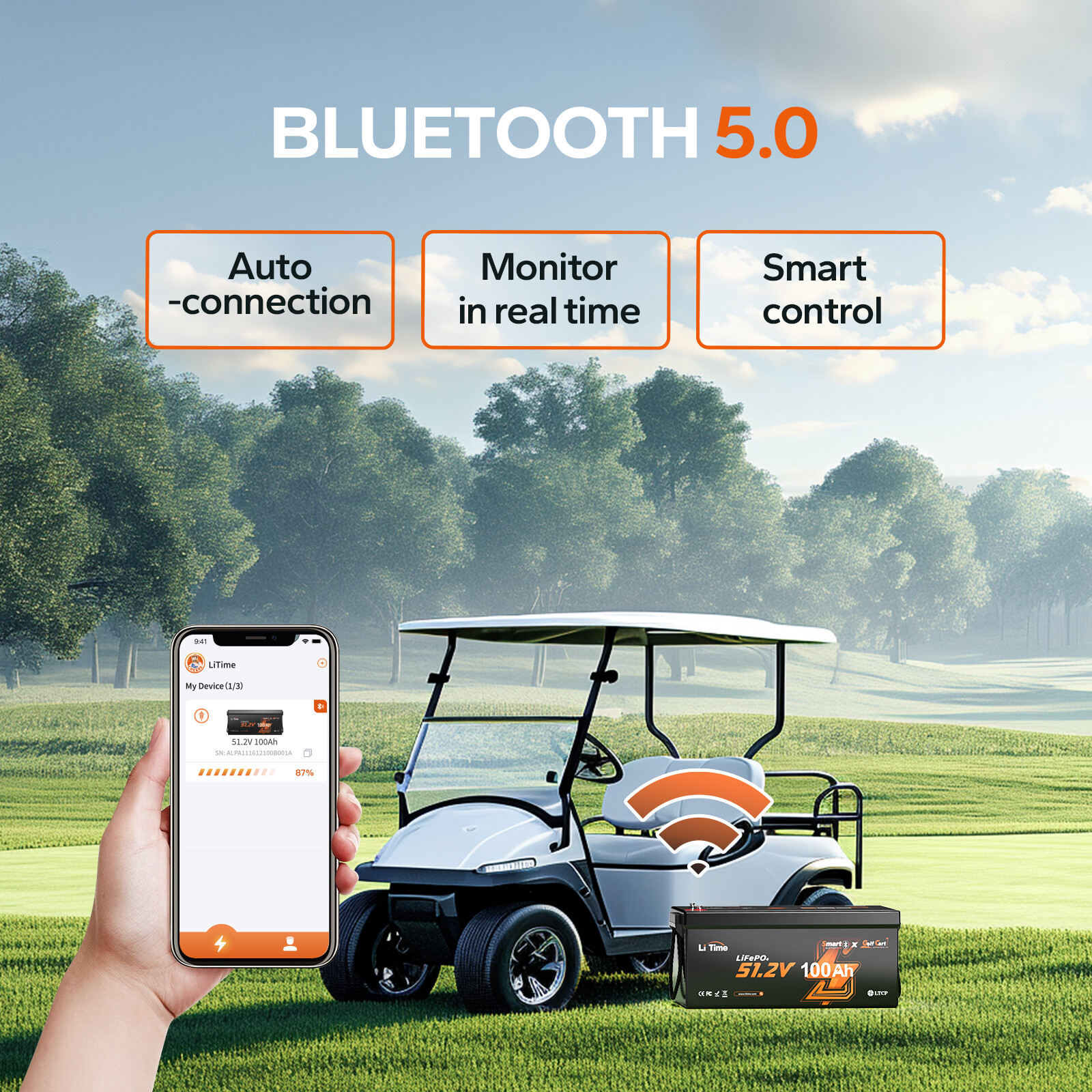 LiTime 48V 100Ah Bluetooth Golf Cart Lithium Battery Charger Monitor Fix Rod Set