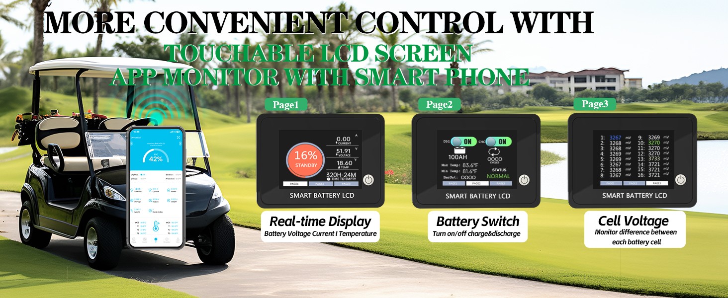 48V 135Ah Golf Cart LiFePO4 Lithium Battery kit 200A BMS with Charger Monitor