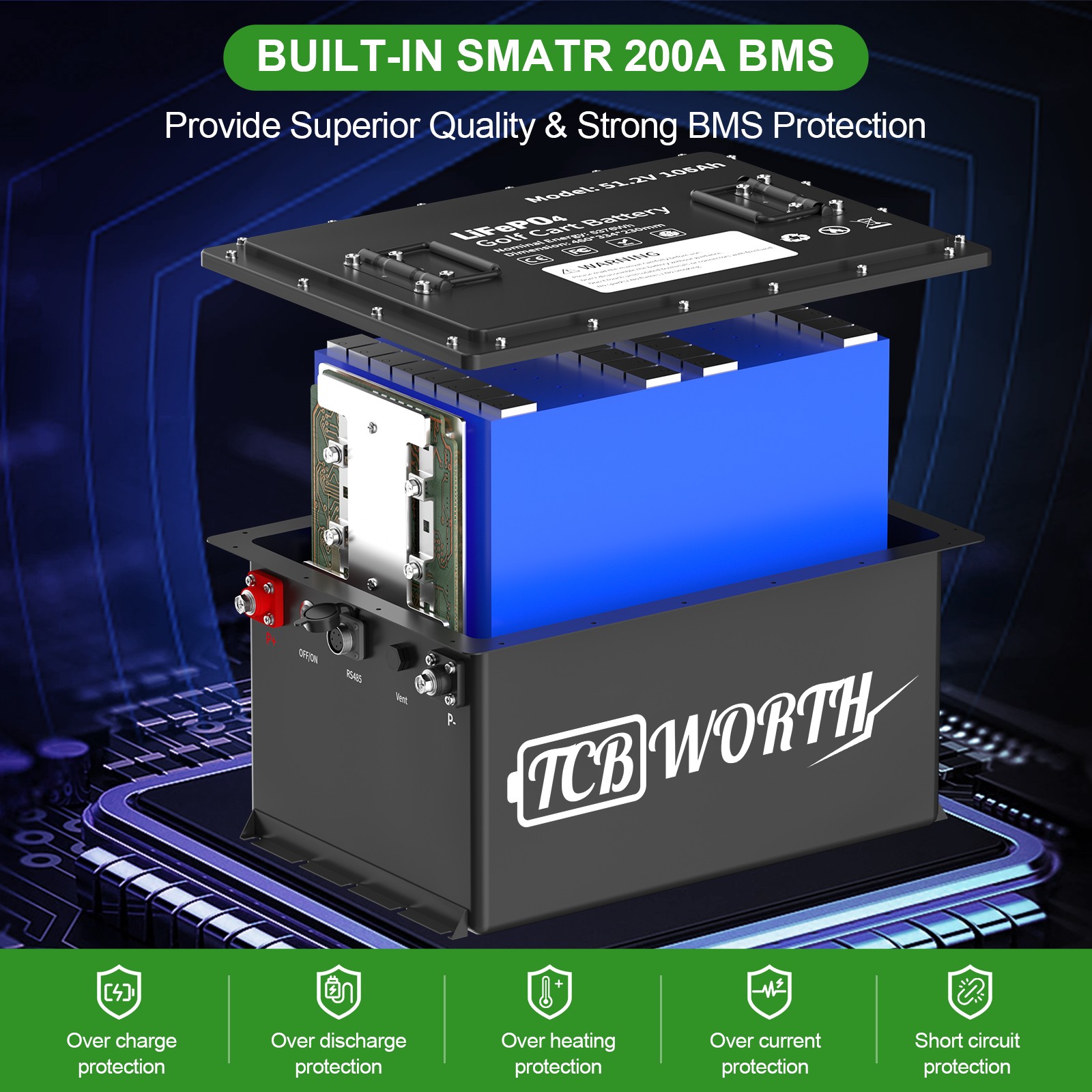 48V 105AH Lithium Golf Cart Battery 200A BMS for EZGO Club Car Yamaha&20A Charge
