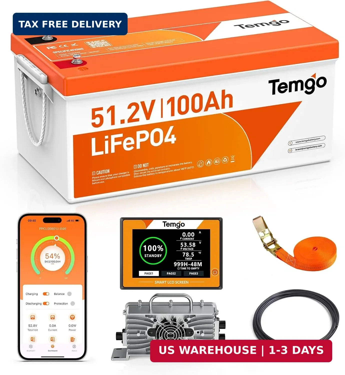 TEMGO 48V (51.2V) 100Ah LiFePO4 Lithium Golf Cart Battery, Complete Upgrade Kit