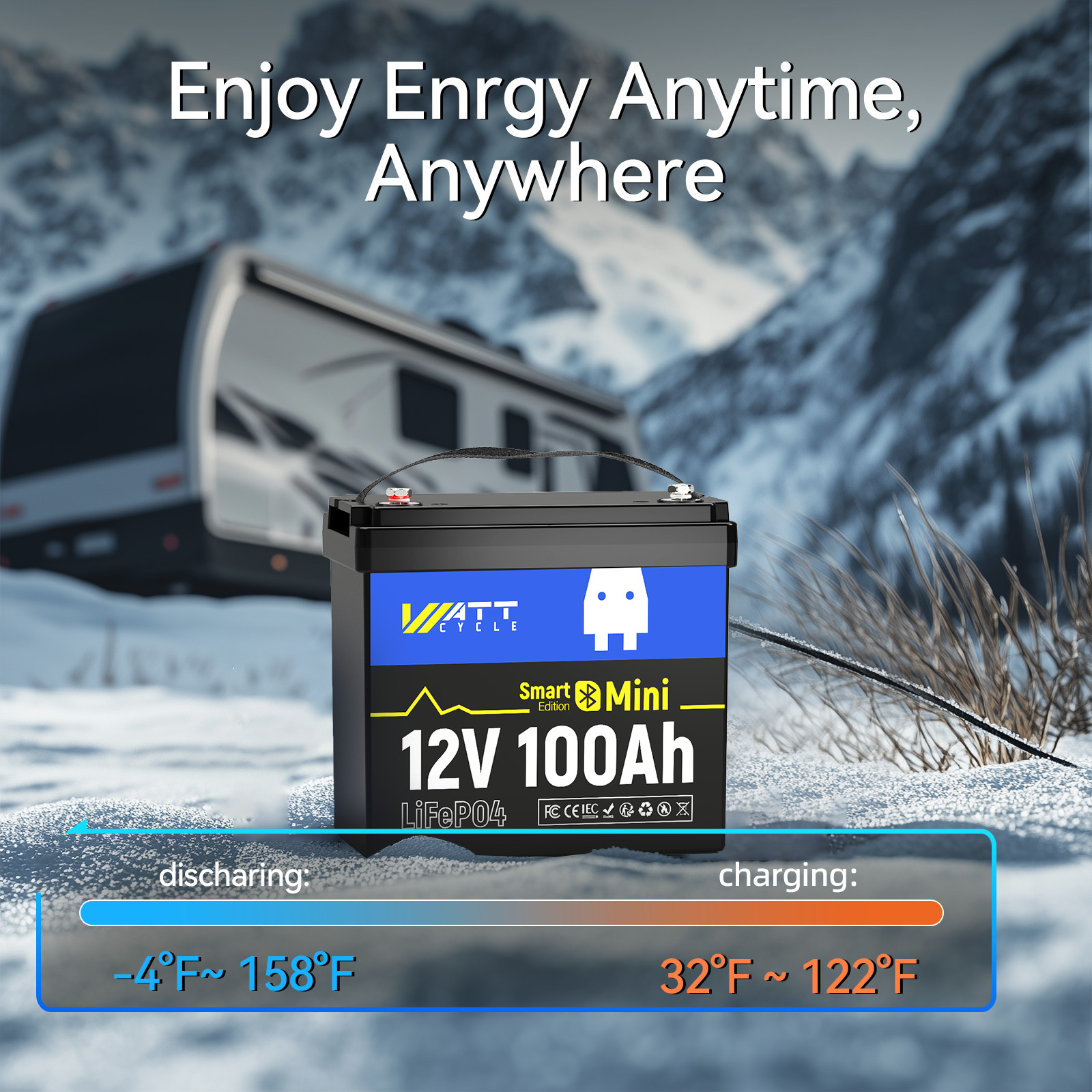 WattCycle 12V 100Ah LiFePO4 Mini Battery Bluetooth Deep Cycle Marine Off-Grid