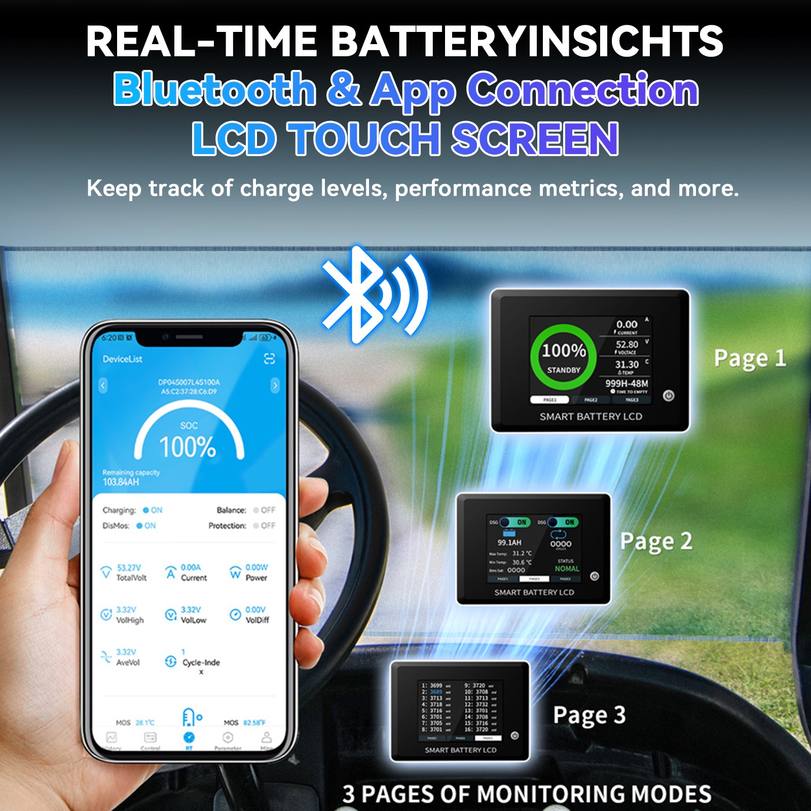 72V 105Ah Golf Cart LiFePO4 Lithium BT Battery 200A BMS+Monitor+80.3V18A Charger