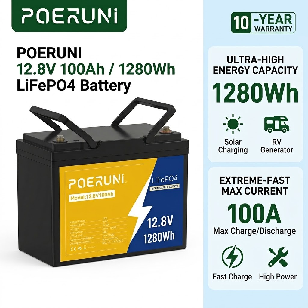 12.8V 100Ah LiFePO4 Battery 1280Wh 4000+Cycles Built-in 100A BMS For Off-Grid RV