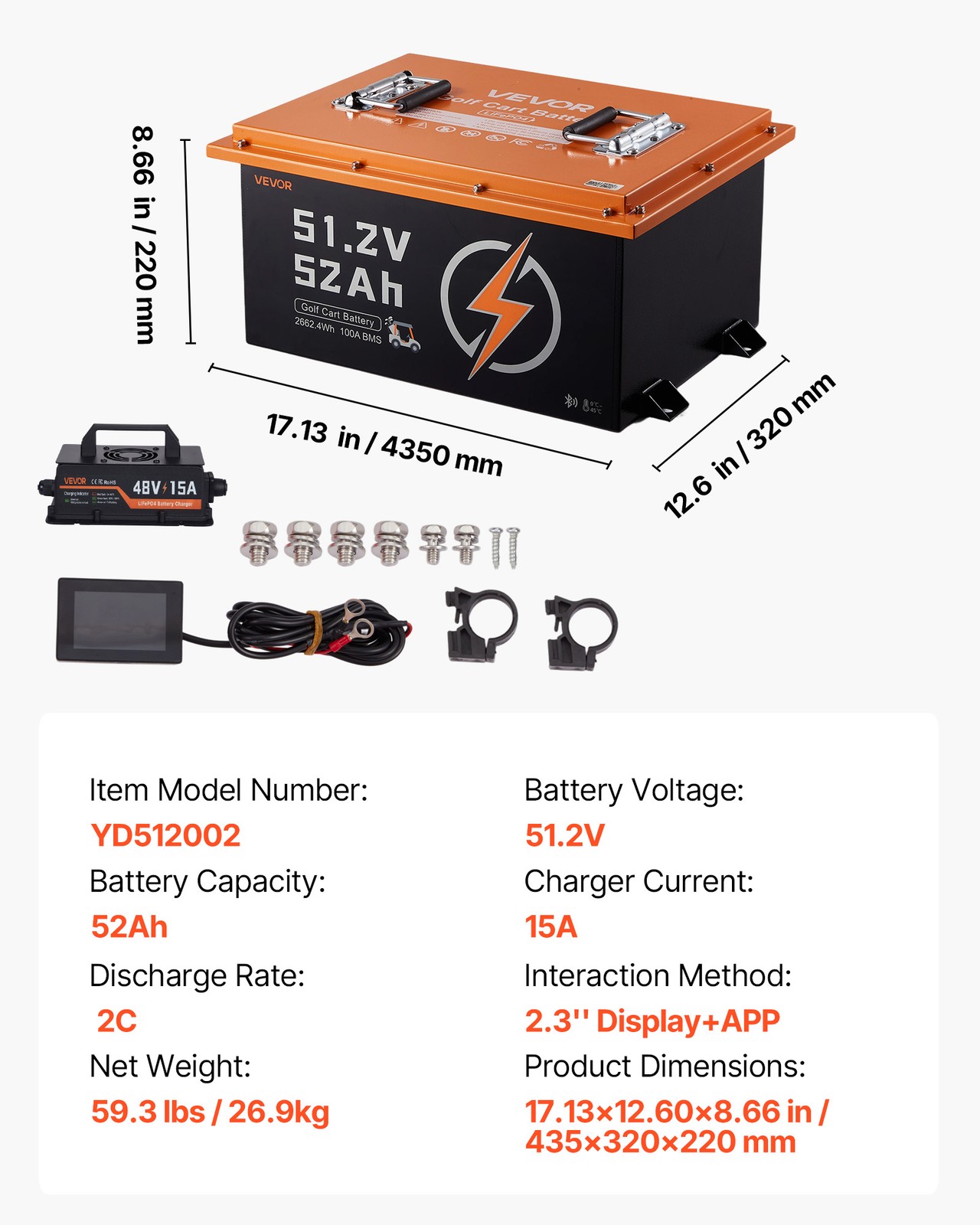 VEVOR 36/48/72V 52/105/150AH Lithium Golf Cart Battery Lifepo4 Charger