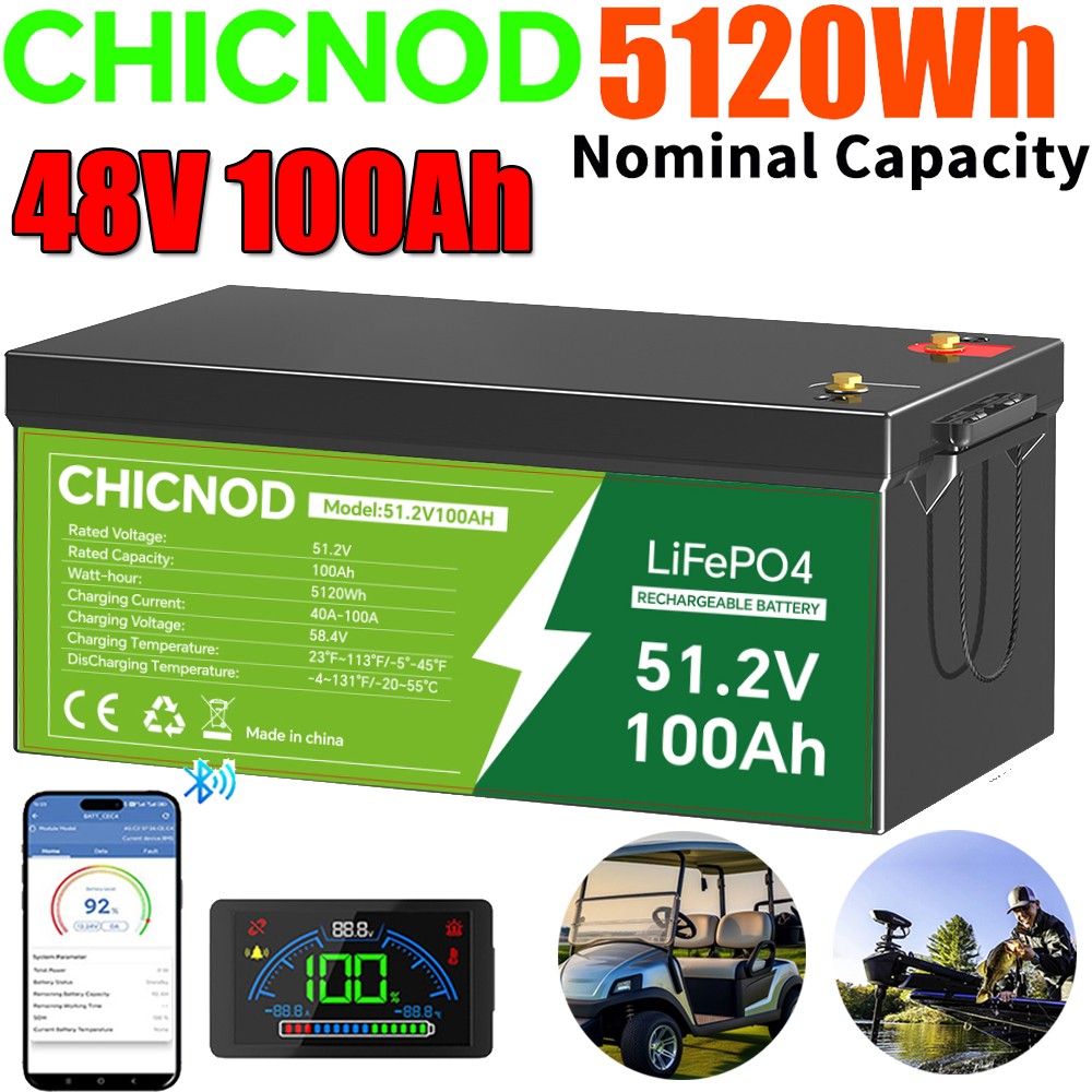 48V 100Ah LiFePO4 Lithium Battery 51.2V Bluetooth Built-in BMS For RV Golf Cart