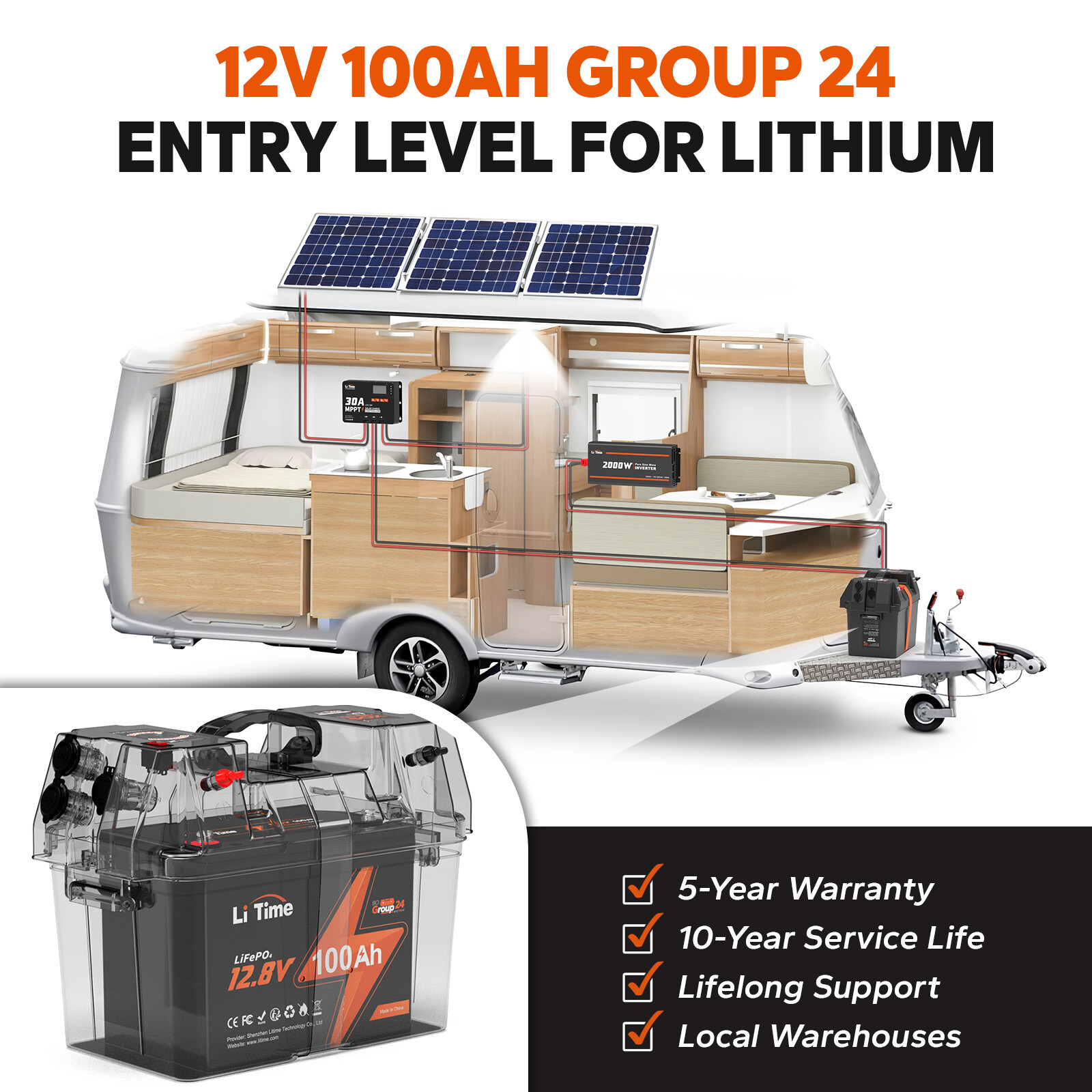 LiTime 12V 100Ah Group 24 LiFePO4 Lithium Battery 100A BMS For RV Camper-used