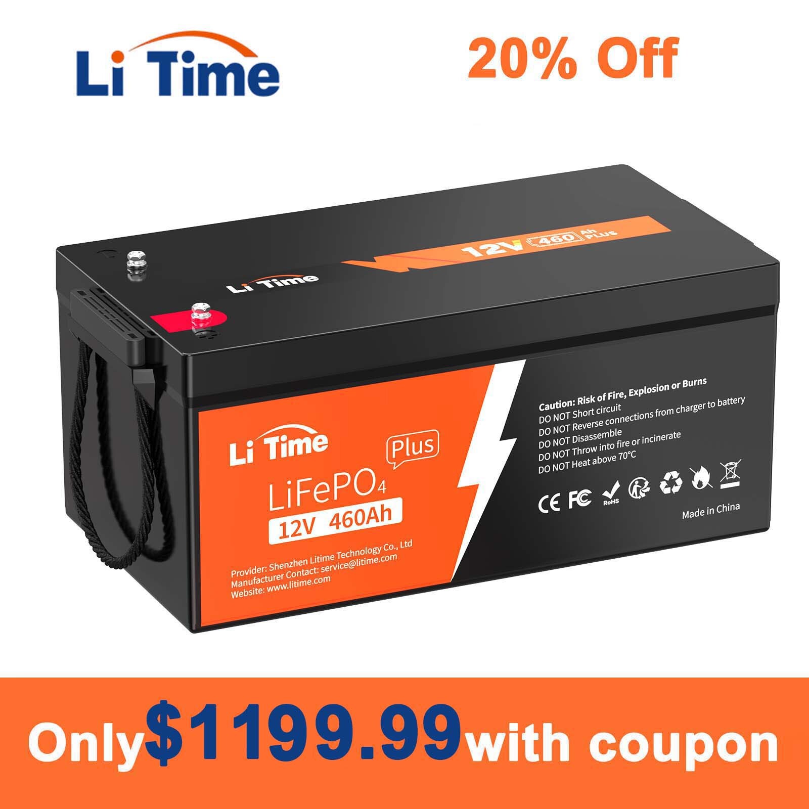 LiTime 12V 460Ah LiFePO4 Lithium Battery 250A BMS for Solar RV Trailer Off Grid